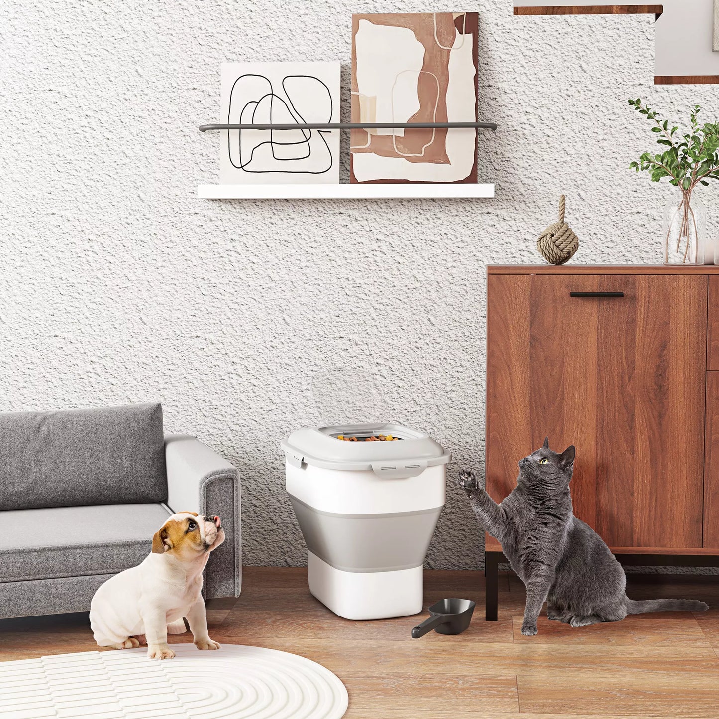 Sulankstomas sauso maisto laikiklis, iki 25 kg, su priedais, 44x32x37cm, Pilkas