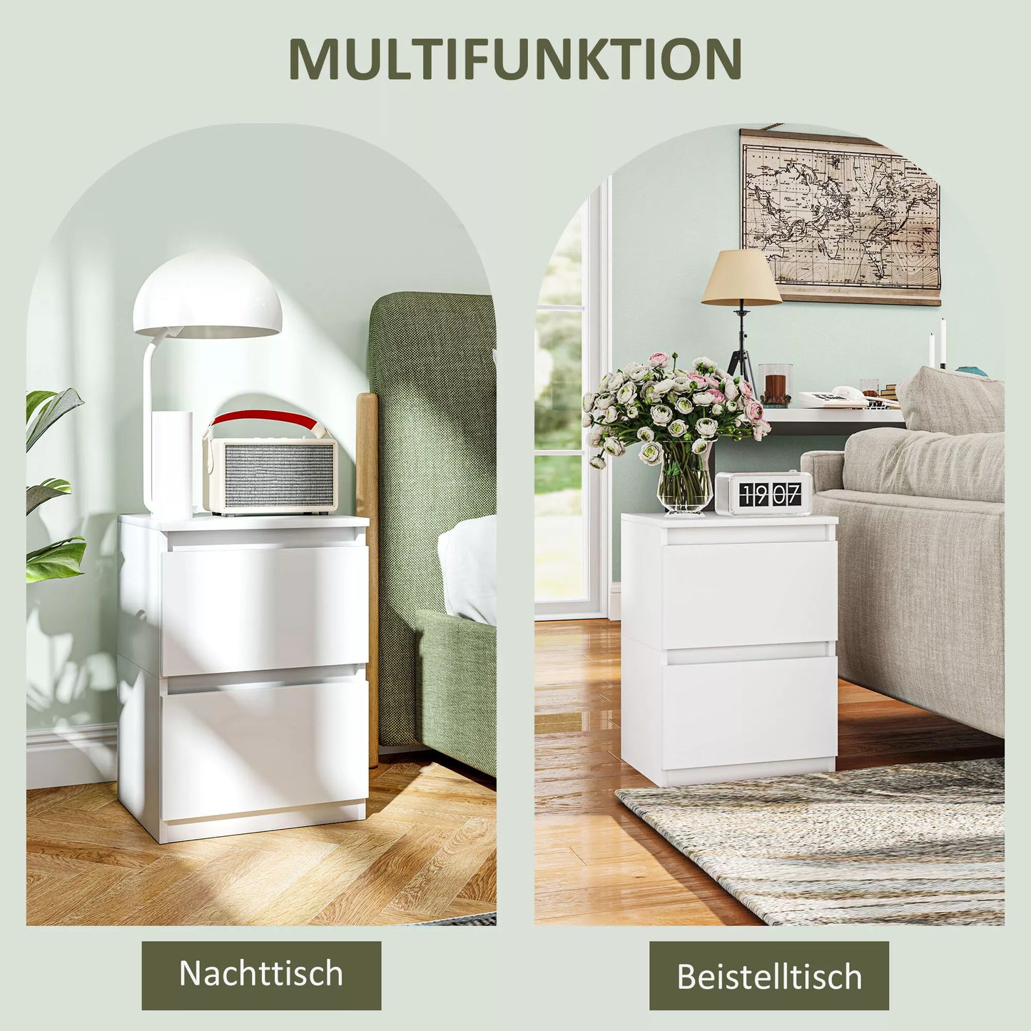 Naktinis staliukas su 2 stalčiais, pagalbinis staliukas su daiktadėže, skirtas svetainei, miegamajam, baltas.