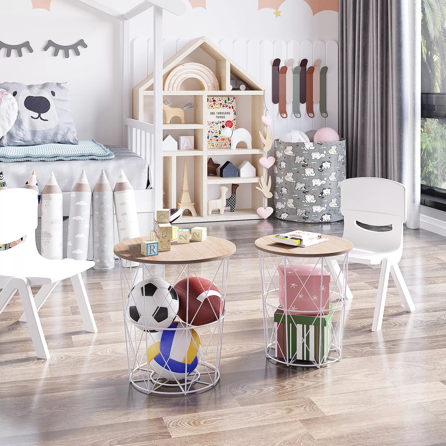 Apvalus 2 vnt. komplekto svetainės staliukas, sukraunamas, su nuimamu dangčiu, kavos staliukas su metaliniu rėmu, svetainei - Natūralus+Baltas