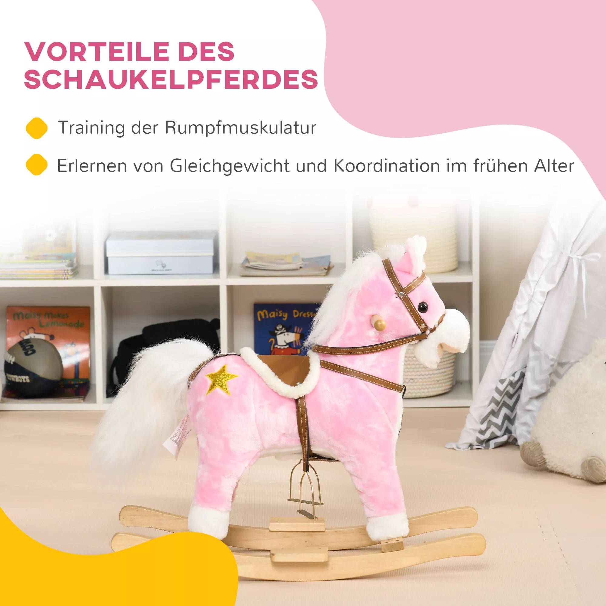 Sūpuoklinis arkliukas, balnas su balnakilpėmis, garso efektai, muzika, pliušinis korpusas, metalinis rėmas, iki 30 kg, rožinis