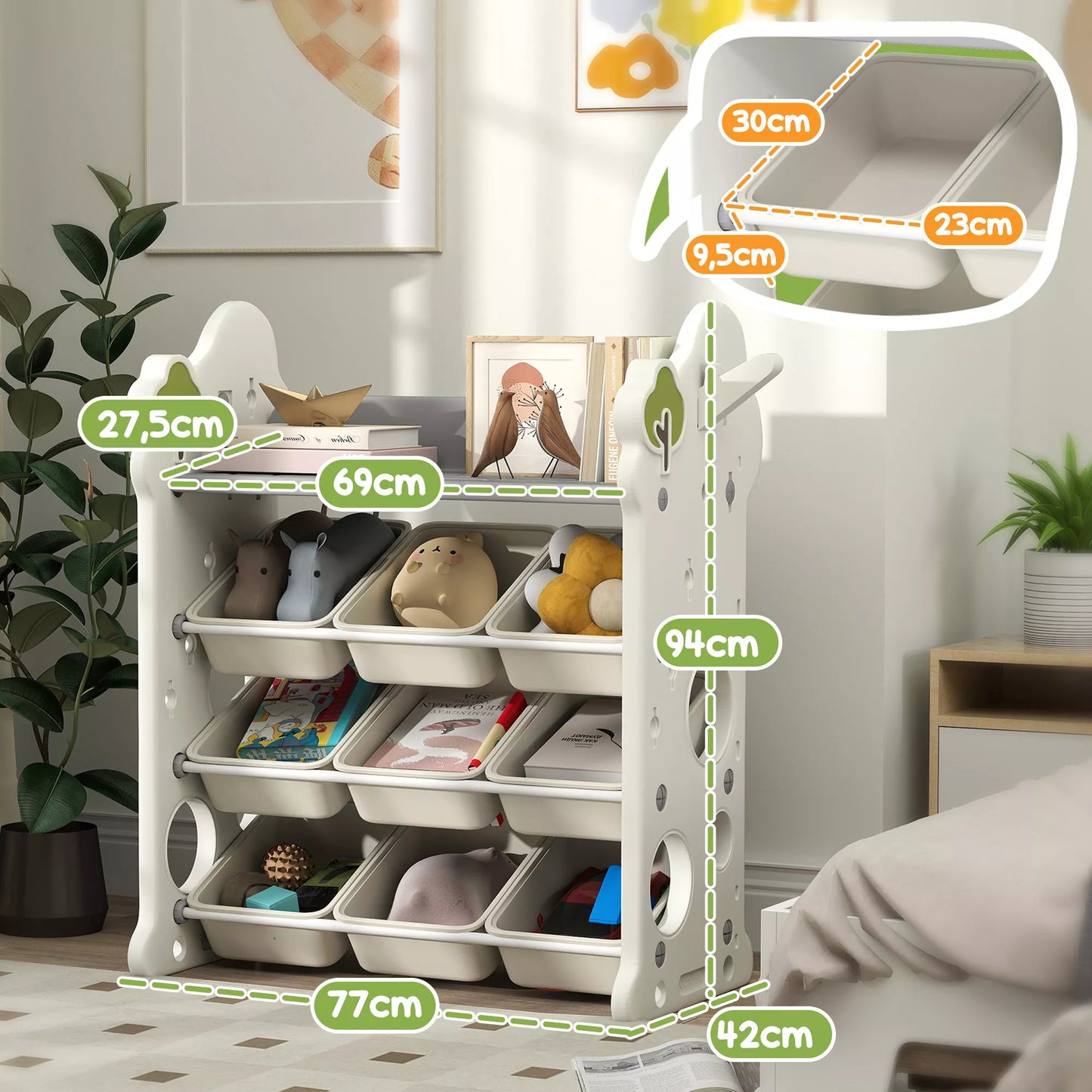 Laikymo lentyna vaikams su 9 dėžutėmis, skirta žaislams ir knygoms, vaikų kambariui, darželiui, plastikinė, kreminės baltos spalvos