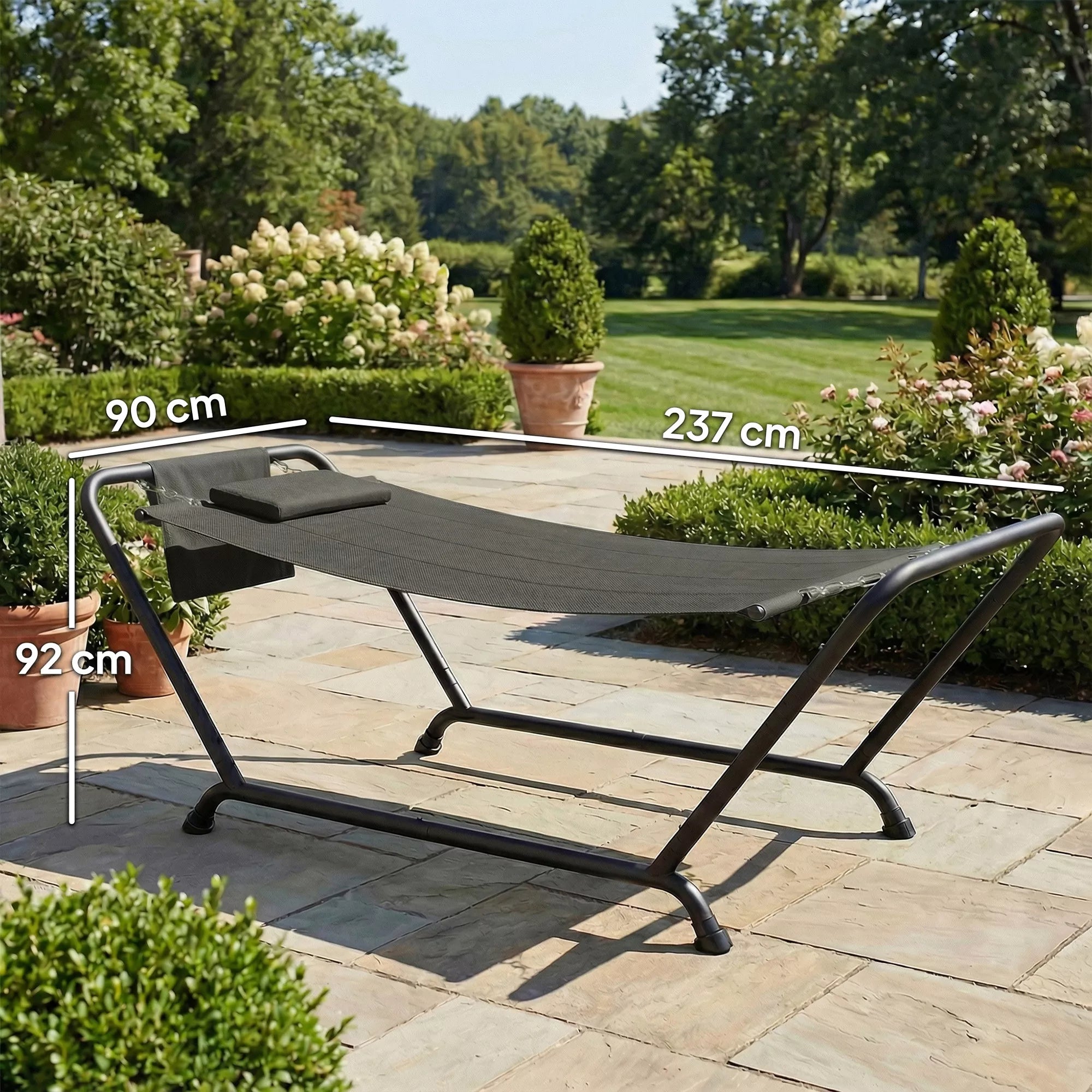 Hamakas su rėmu 237 x 90 cm Stabinis hamakas su šonine kišene, galvos atrama Metalinis rėmas iki 150 kg