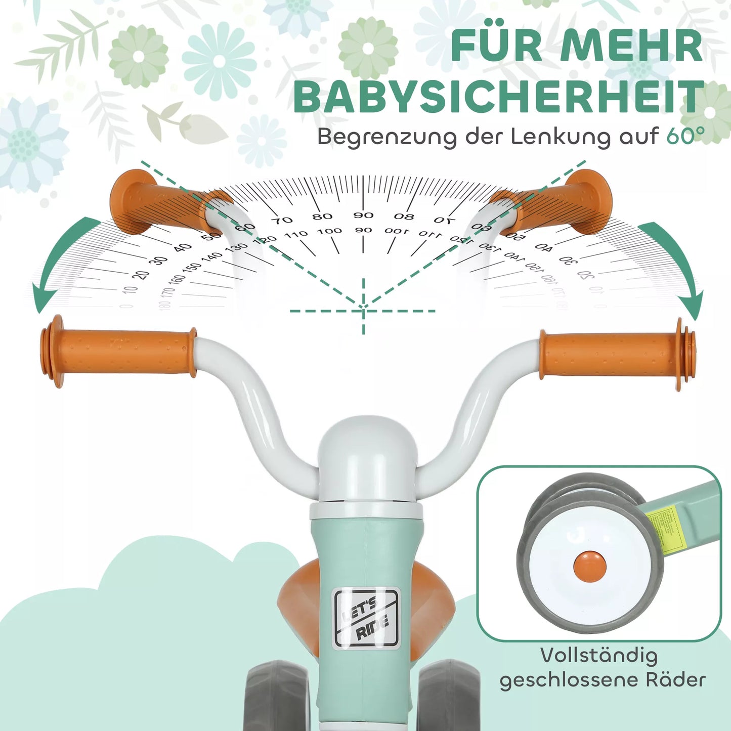 Vaikiškas balansinis dviratis be pedalų, 3 tylūs ratai, skirtas 12–36 mėnesių berniukams ir mergaitėms, naudoti patalpose ir lauke, žalios spalvos