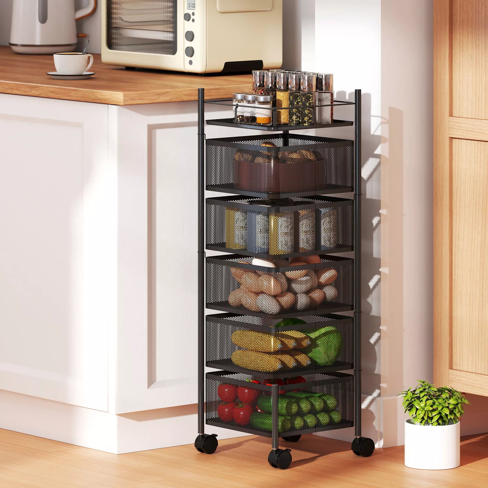 Virtuvės vežimėlis, 5 sukamieji krepšiai, 4 ratukai, metalinis rėmas, juodas
