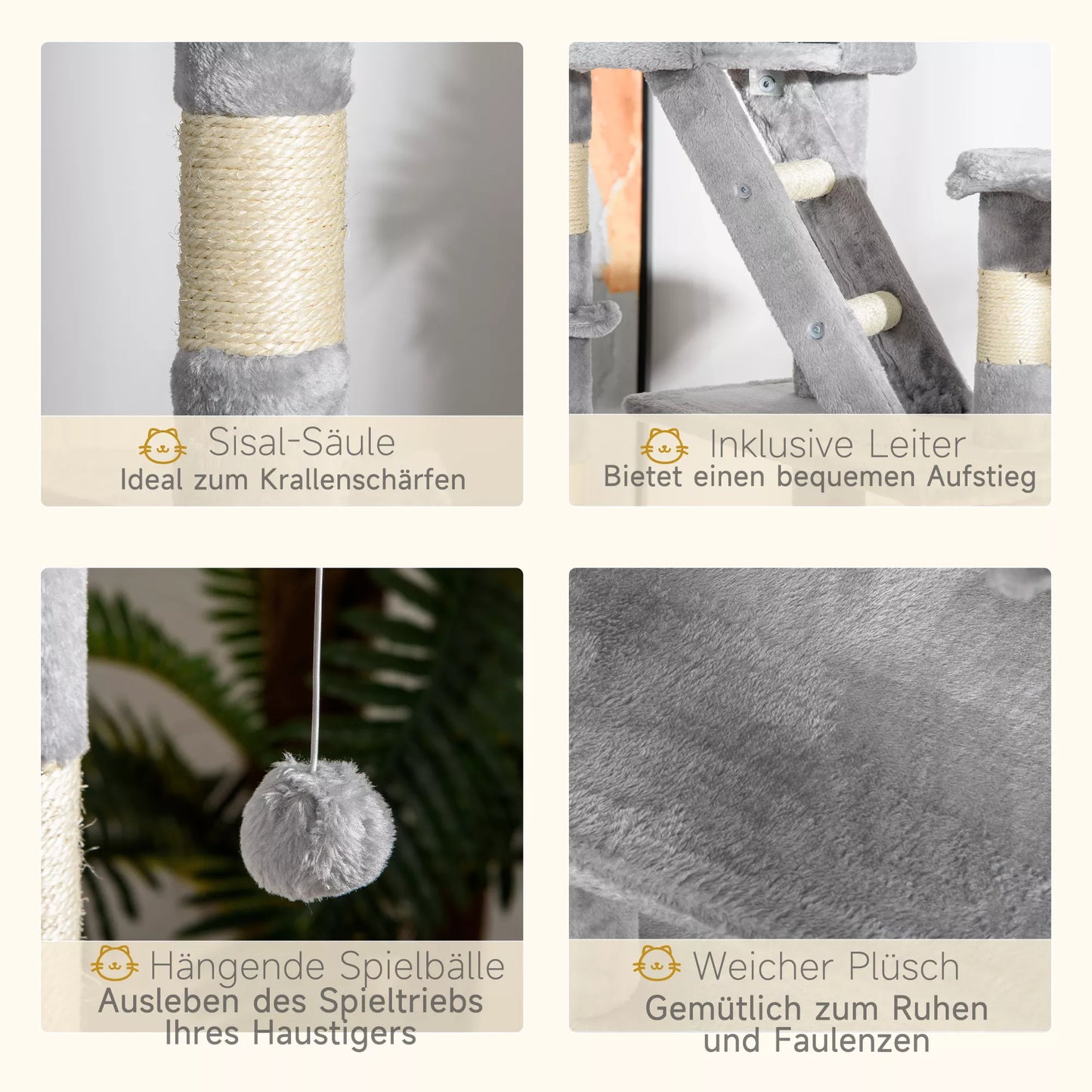 Katės draskyklė 240-260 cm, siekianti lubas, didelė draskyklė, laipiojimo medis katėms, draskyklė didelėms katėms su sizaline virve, šviesiai pilka