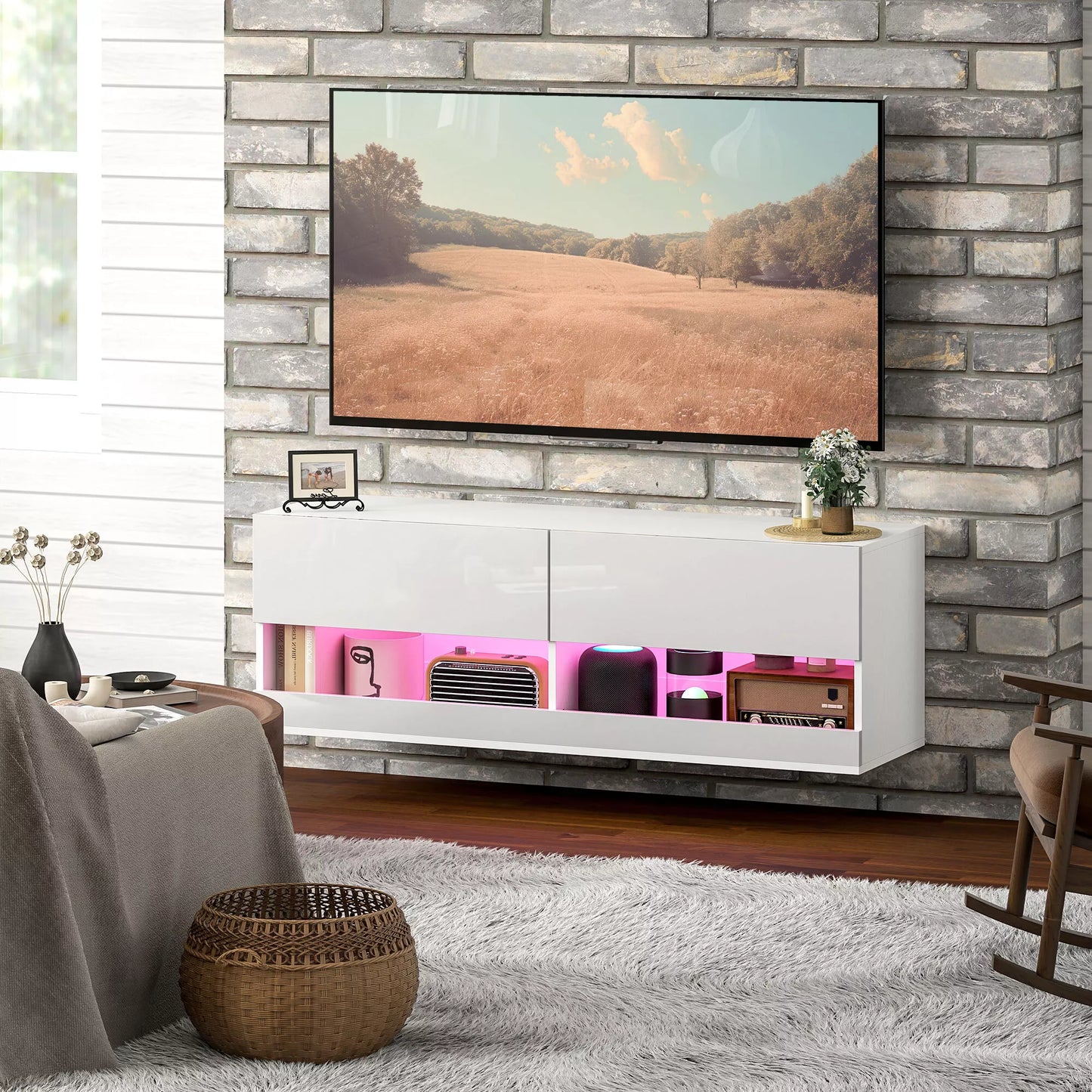 Sieninė TV spintelė su LED apšvietimu, 16 mirksėjimo režimų, atviros lentynos, 120 x 35 x 40,5 cm, balta