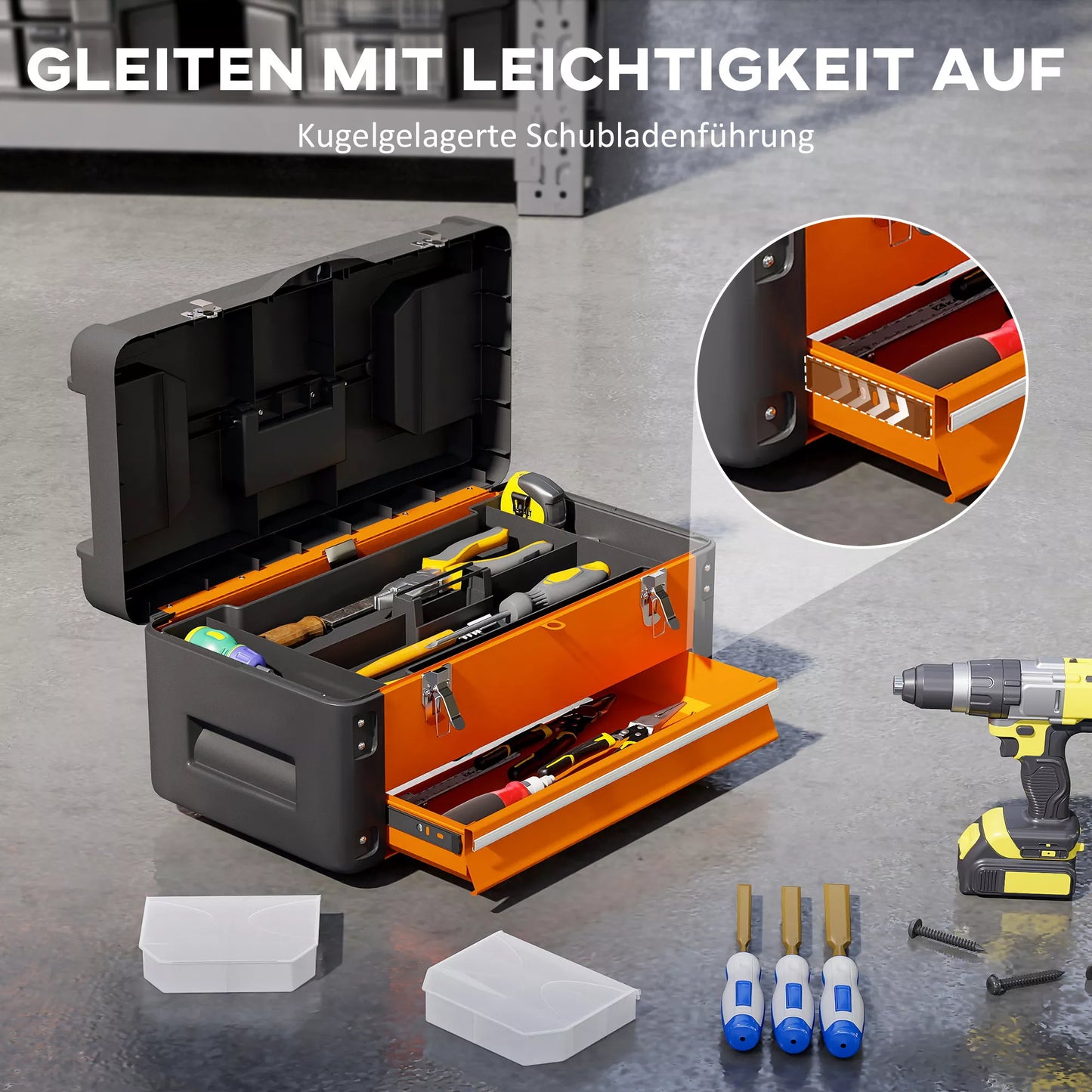 Tuščia įrankių dėžė, 49,7 x 25,3 x 23 cm, įrankių dėžė su stalčiumi, mini dėžutė, plieninė, oranžinė