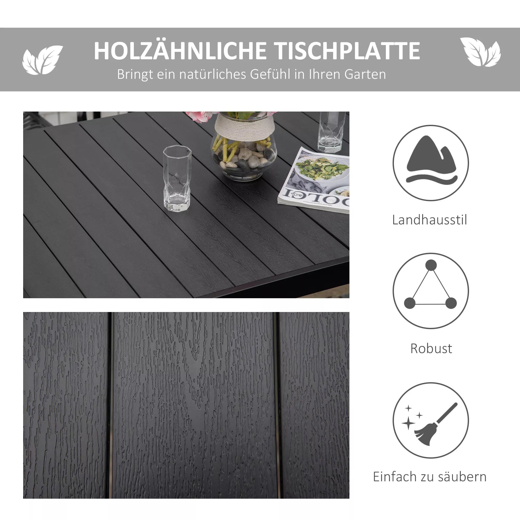 Sodo stalas 6 asmenims Valgomojo stalas Aliuminio stalas Sodo baldai Poilsio baldai Lengvai prižiūrimi Plastikiniai Juodi 140 x 90 x 74 cm