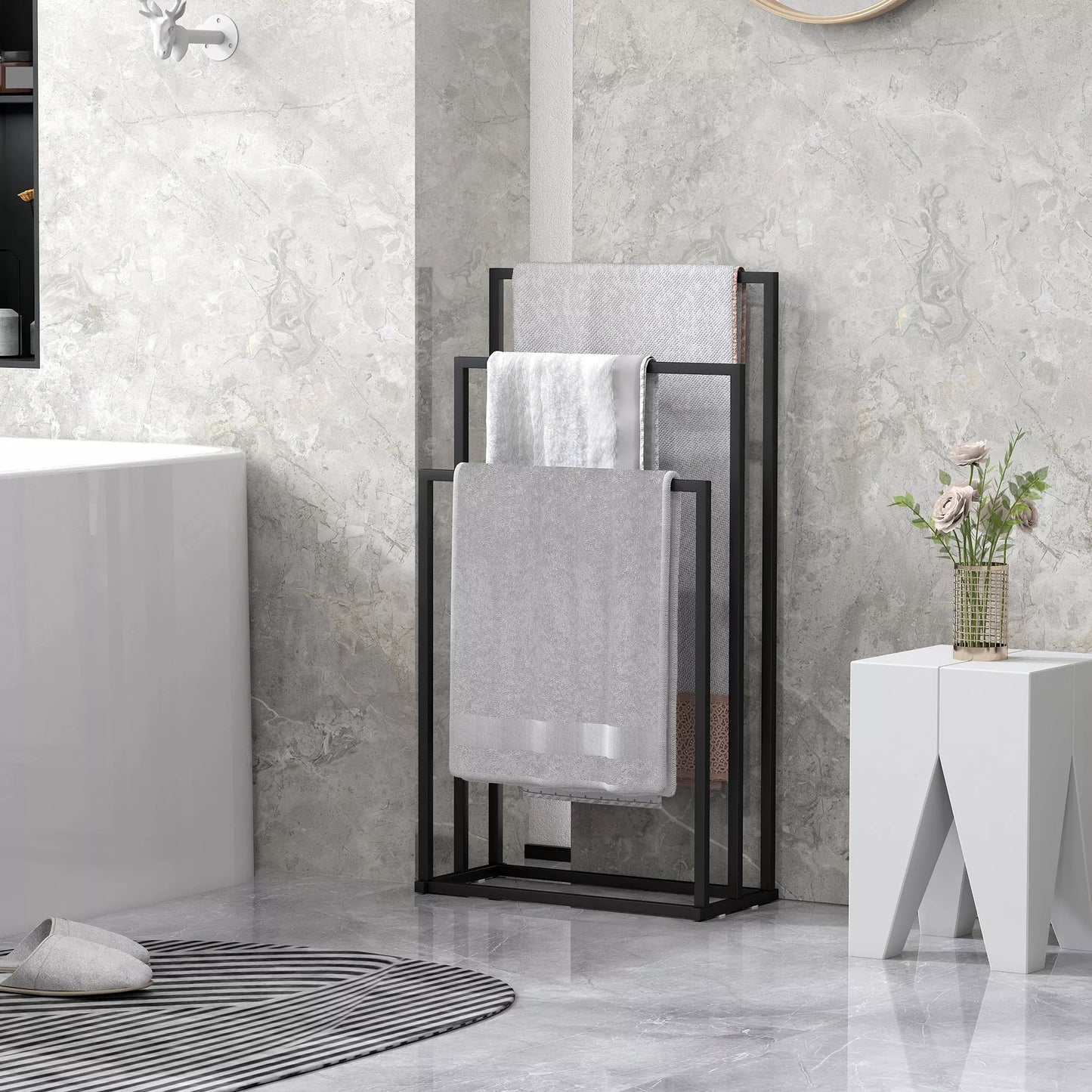 Pastatomas rankšluosčių laikiklis su 3 strypais, rankšluosčių stovas/kopetėlės iš plieno 45 x 21,5 x 85 cm