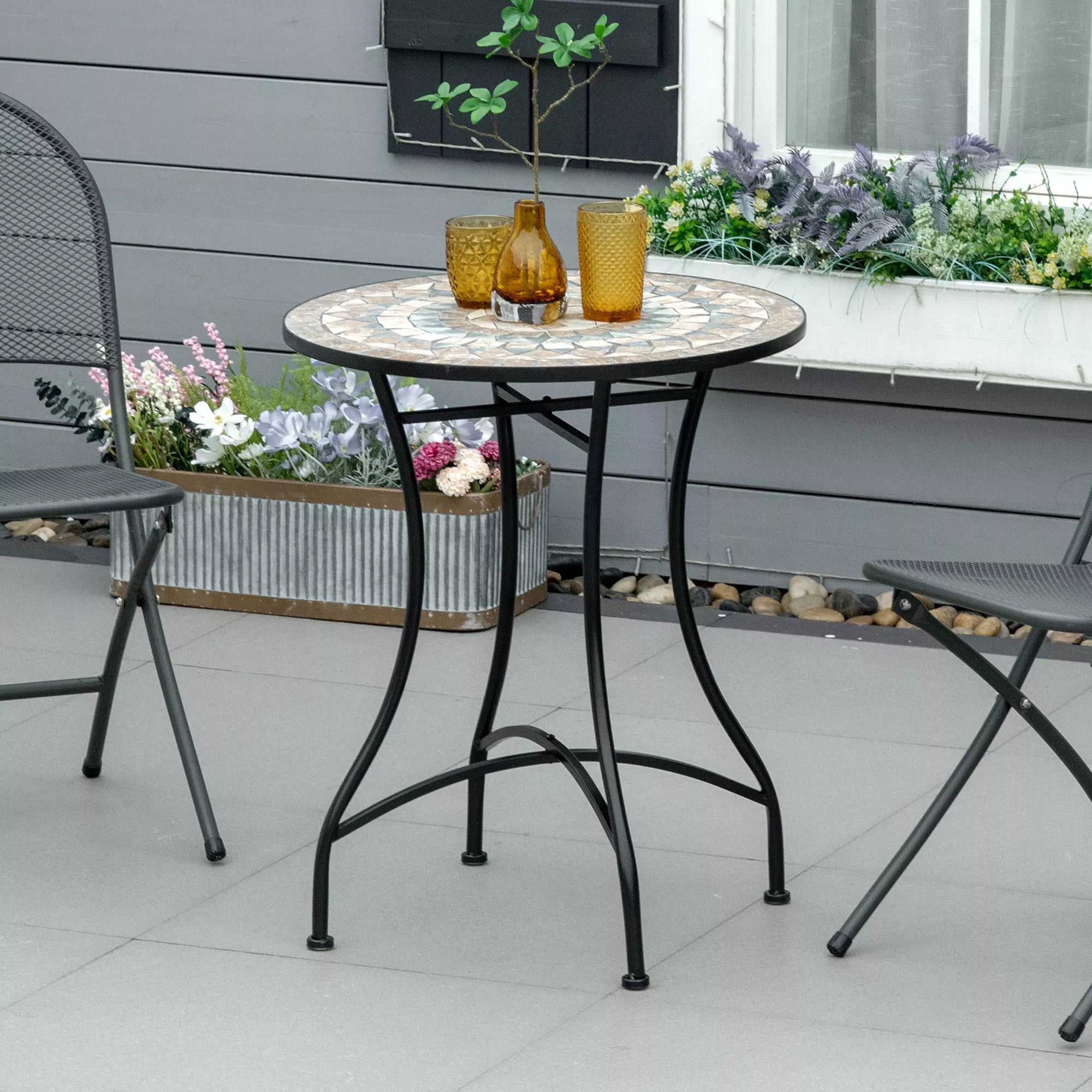 Sodo stalas mozaikinis apvalus bistro stalas papildomas stalas su mozaikine plokšte keramika metalas žalias+smėlio+baltas Ø60 cm