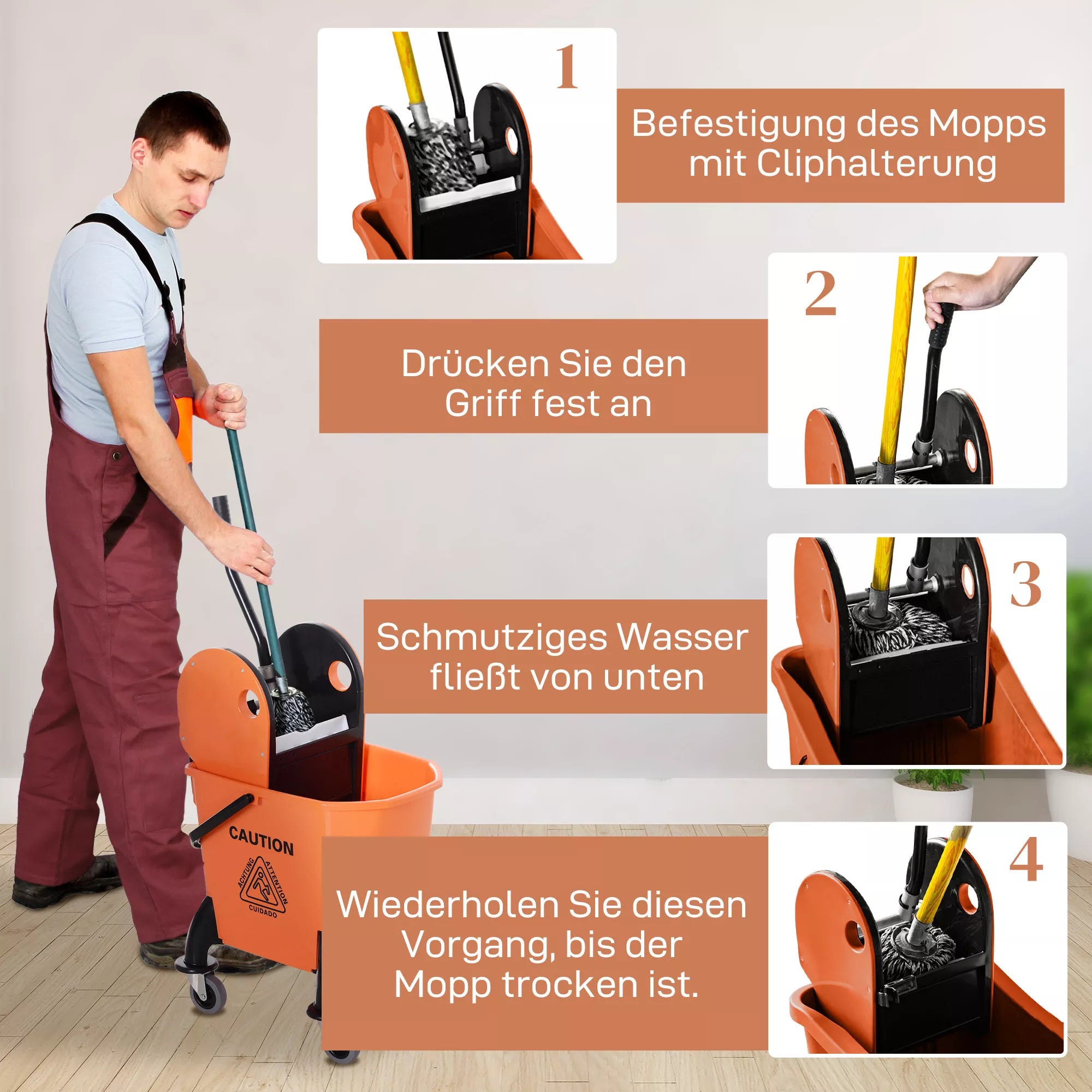 Ratinis valymo kibiras, šluotos kibiras, šluotos presas, 26 l, plastikinis, oranžinis
