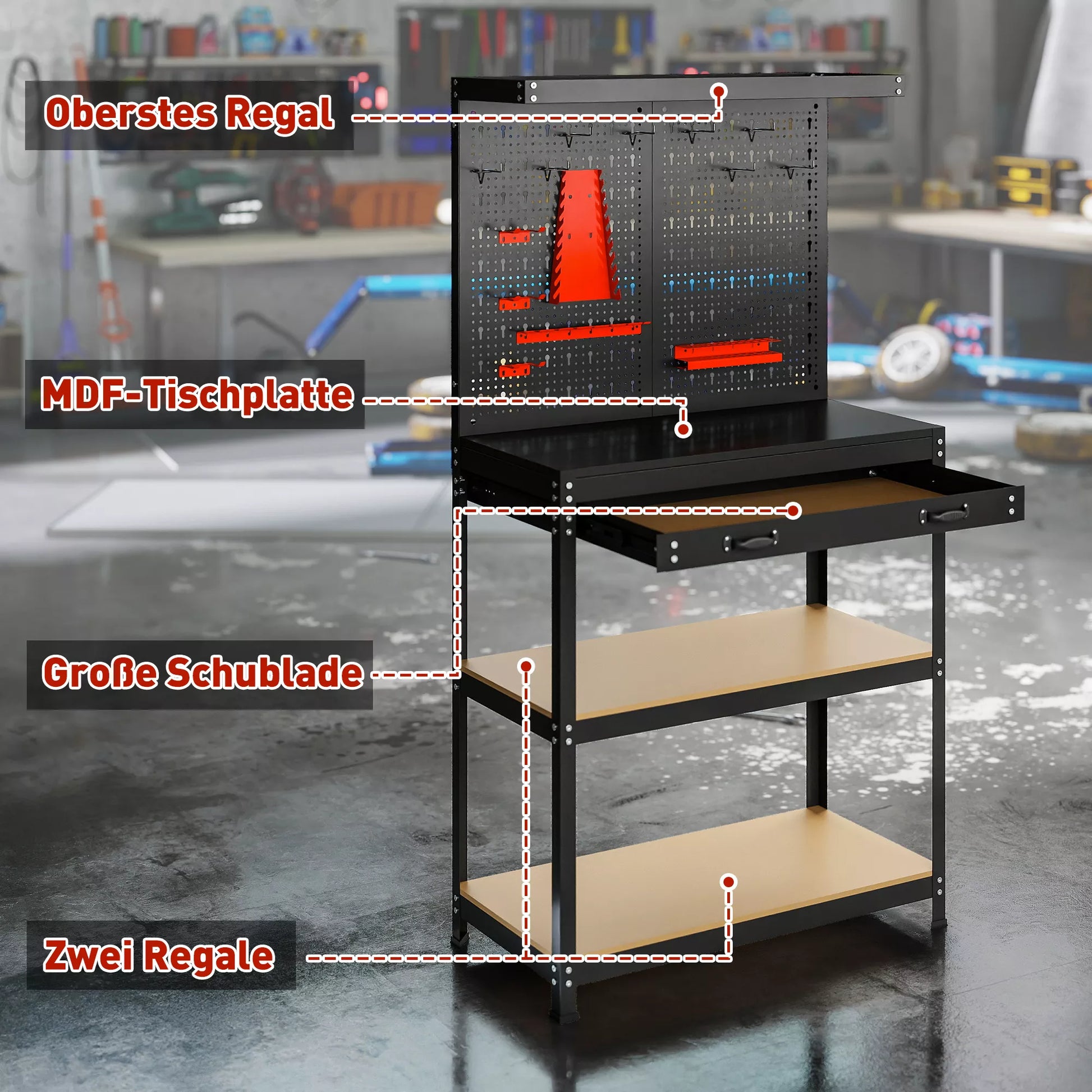 Darbo stalas 80 x 40,5 x 155 cm Įrankių stalas su skyluota siena, kabliais,  stalčiu, 2 lentynomis dirbtuvėms Juodas