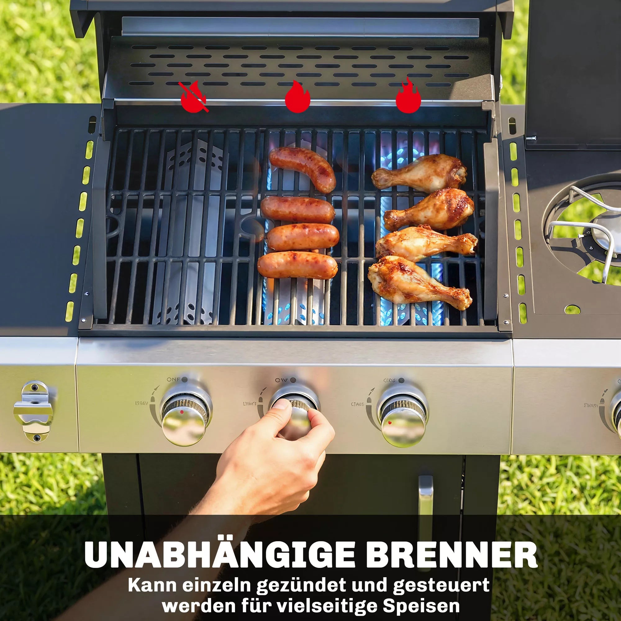 Dujinis grilis, 10,5 kW, 3+1 degikliai, BBQ grilio vežimėlis iš nerūdijančio plieno, su šoniniu degikliu, butelių atidarytuvu, termometru ir ketaus grotelėmis
