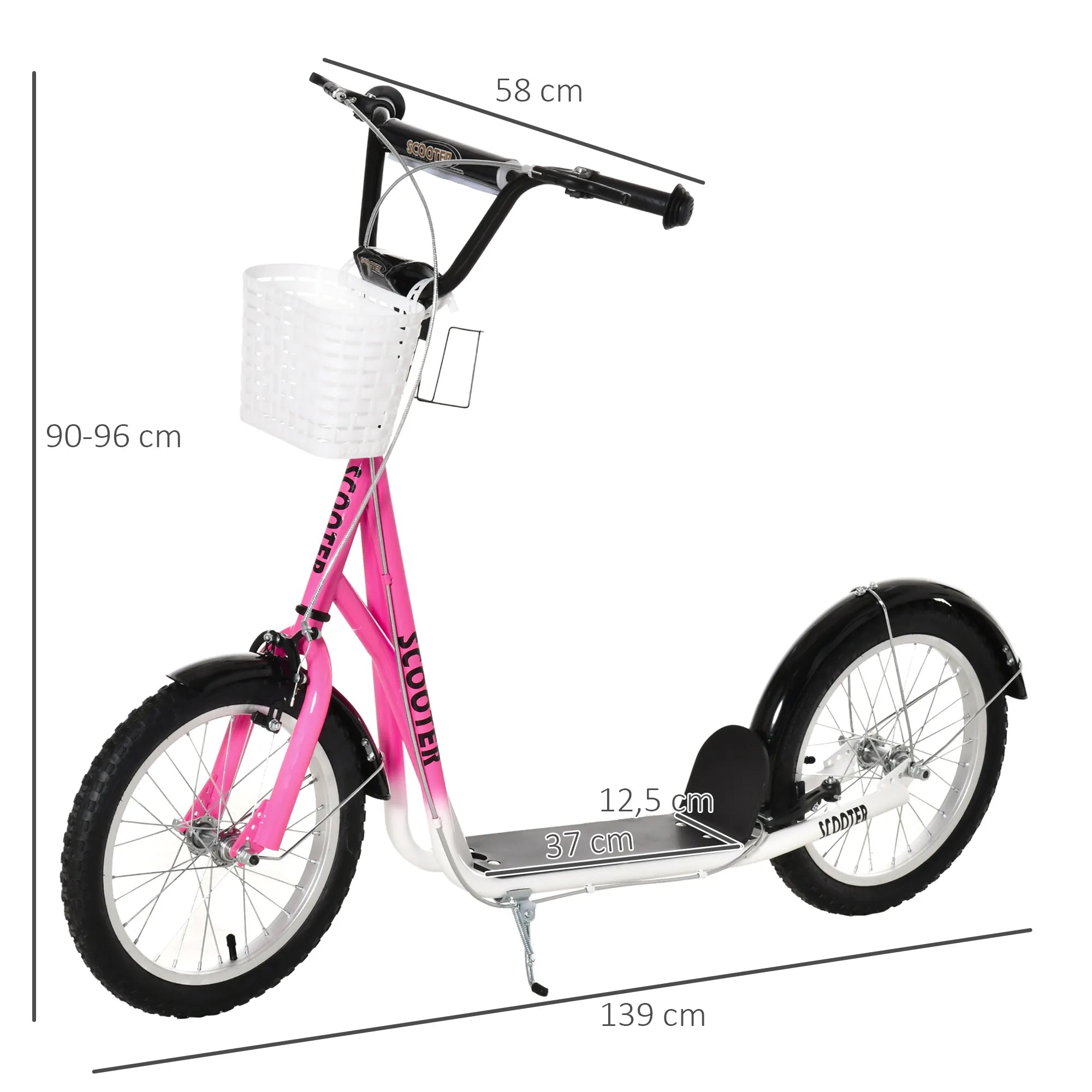 Paspirtuko matmenų schema: 139 cm ilgis, 58 cm plotis, 90–96 cm vairas
