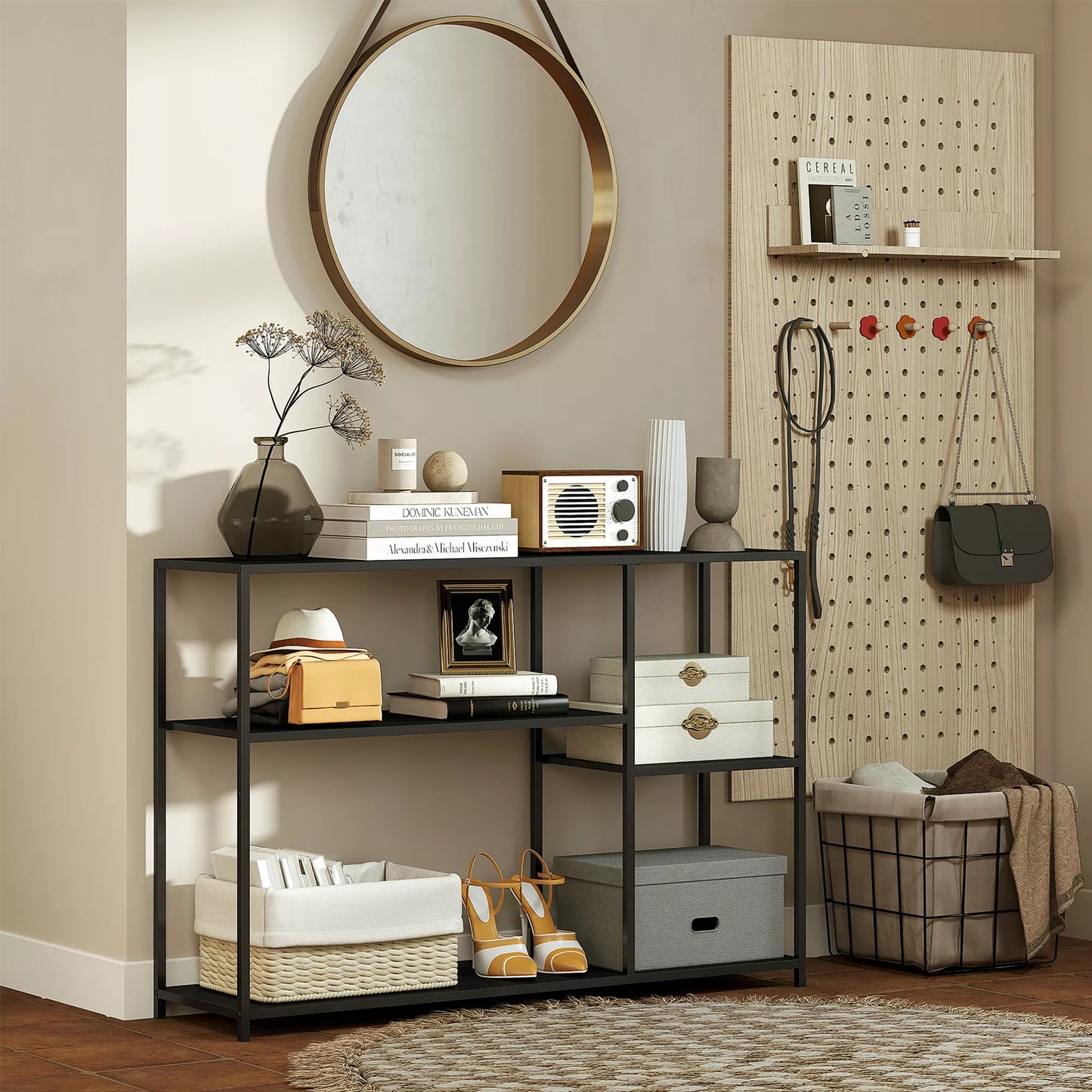 Konsolinis staliukas, 4 lygiai, plieninis rėmas, prieškambariui, svetainei, juodas