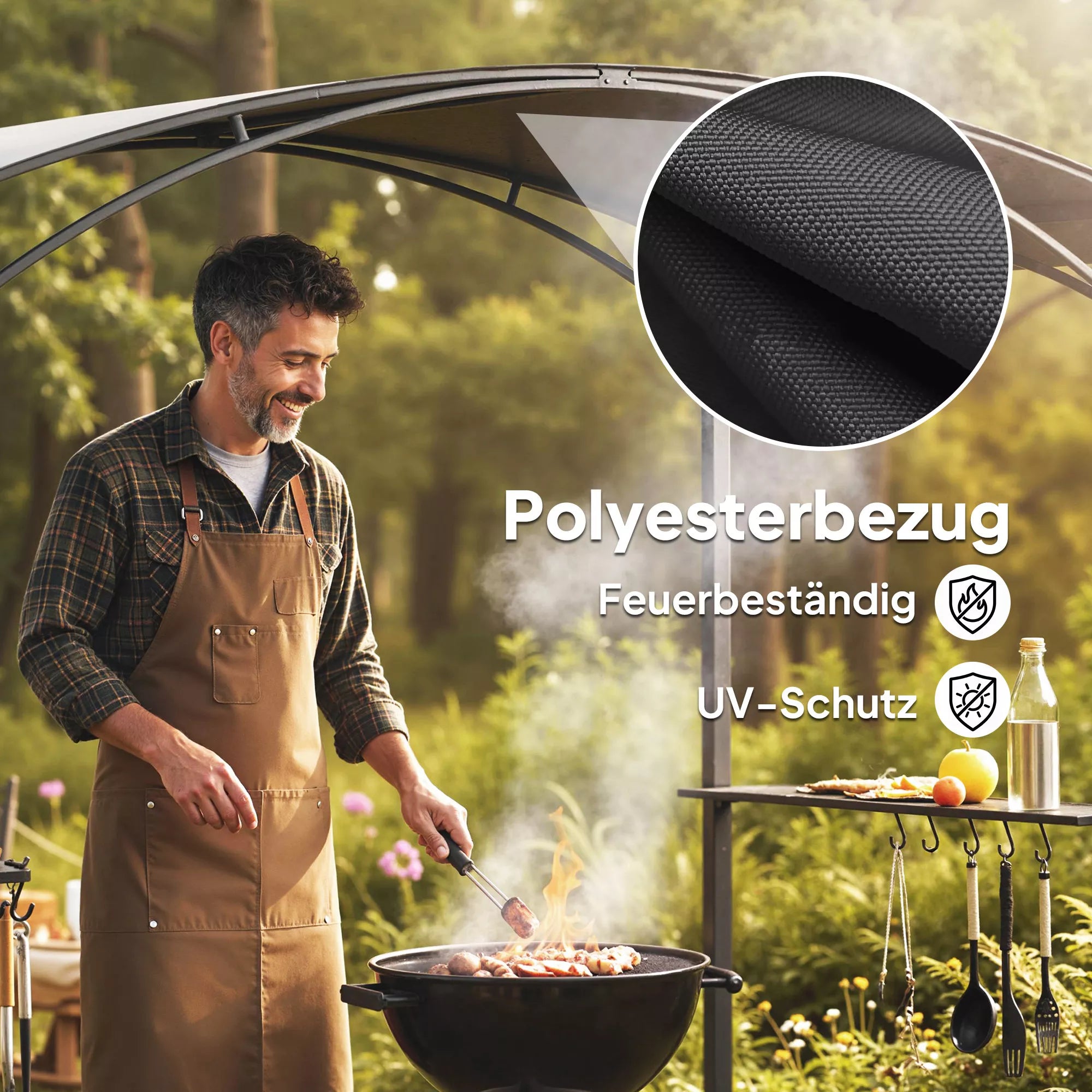 Grill paviljonas 2,4 x 1,5 m, ugniai atsparus sodo paviljonas su arkiniu stogu, šoninėmis lentynomis, kabliais, tamsiai pilkos spalvos