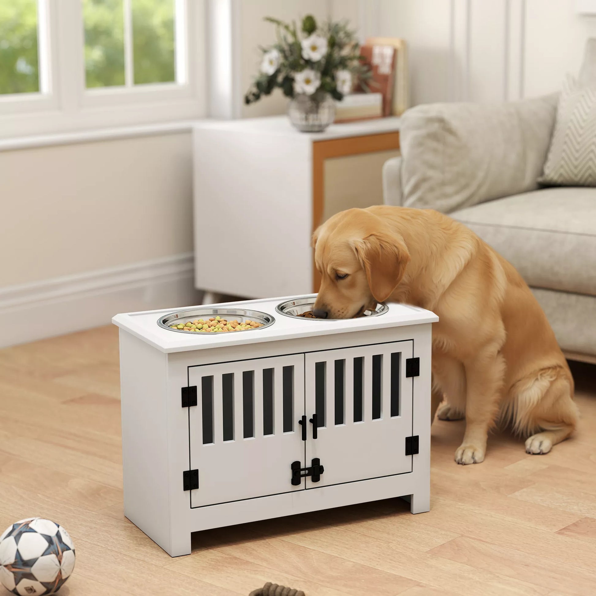 Pakelta ėdalo stotelė dideliems šunims, 2 nerūdijančio plieno dubenys, daiktų laikymo vieta, 35,5x60x30 cm, balta