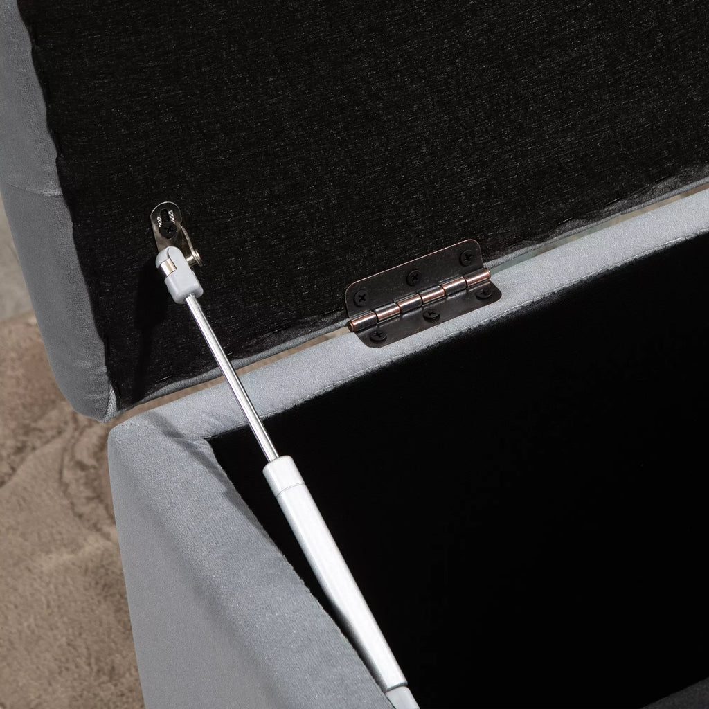 3 dalių rinkinys su saugojimo vieta, 2 x taburetės, minkštas sėdimojo skrynios, pėdų atrama, saugojimo dėžė, kojų atrama, atspari iki 130 kg, mikropluošto audinys, putplastis, 75 x 40 x 42 cm, šviesiai pilka