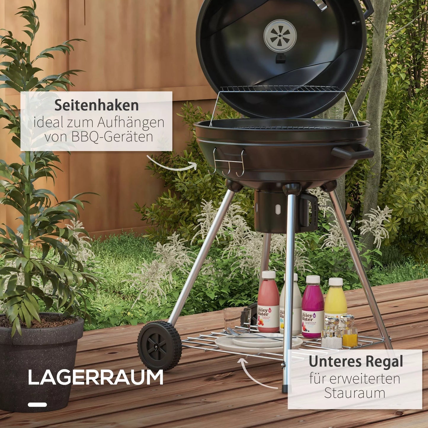 Kamuolinė kepsninė, Ø54 cm kepimo grotelės, pašildymo grotelės, lentyna, pelenų surinkėjas, termometras, 55 x 65 x 89 cm, juoda