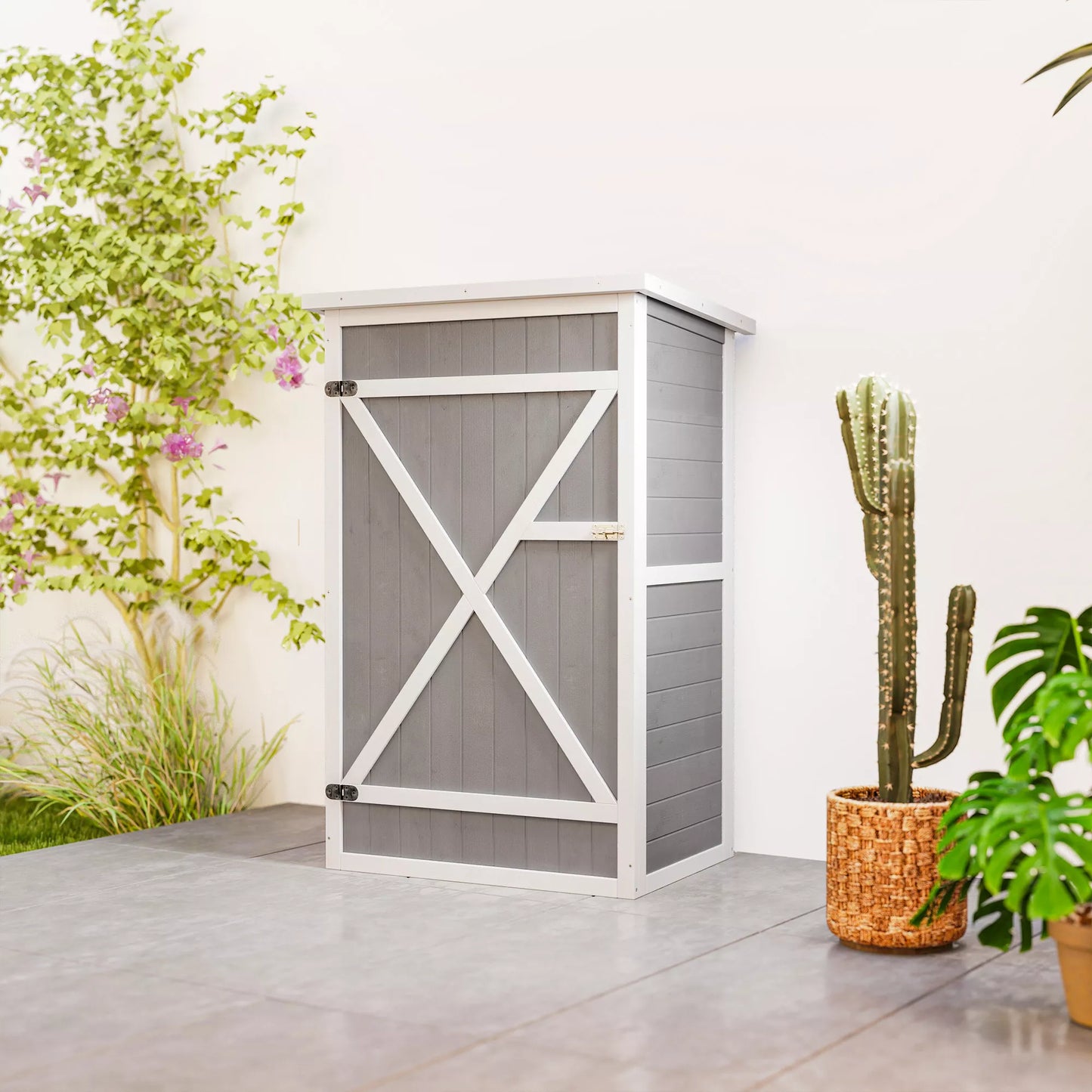 Atsparus oro sąlygoms sodo namelis su lentynomis, 75 x 56 x 115 cm, pilkas