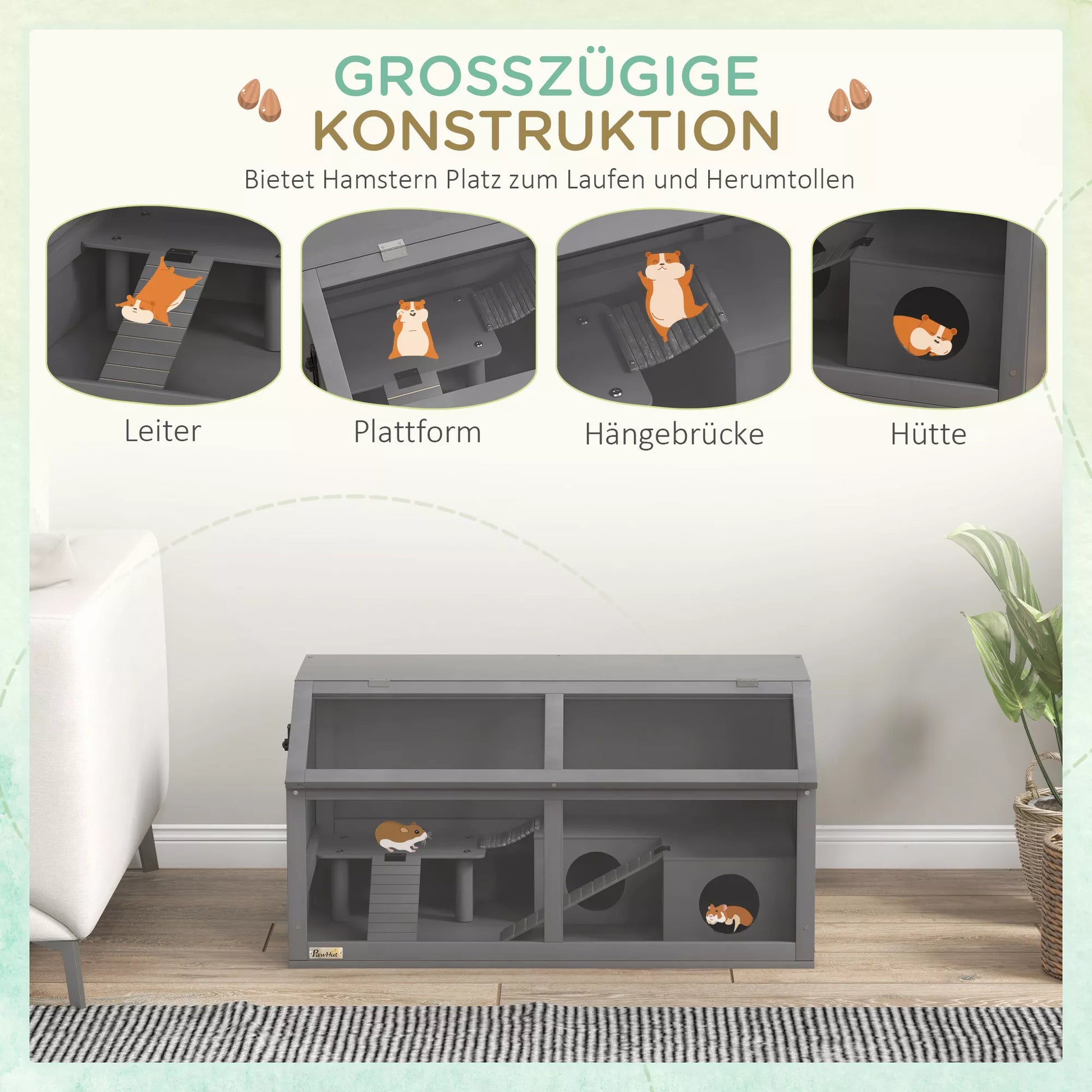 Hamsterių narvas, medinis smulkių gyvūnėlių narvas, kabantis tiltelis, laipteliai, namelis, 84 x 45 x 44 cm, smulkiesiems žiurkėnams, pilkos spalvos