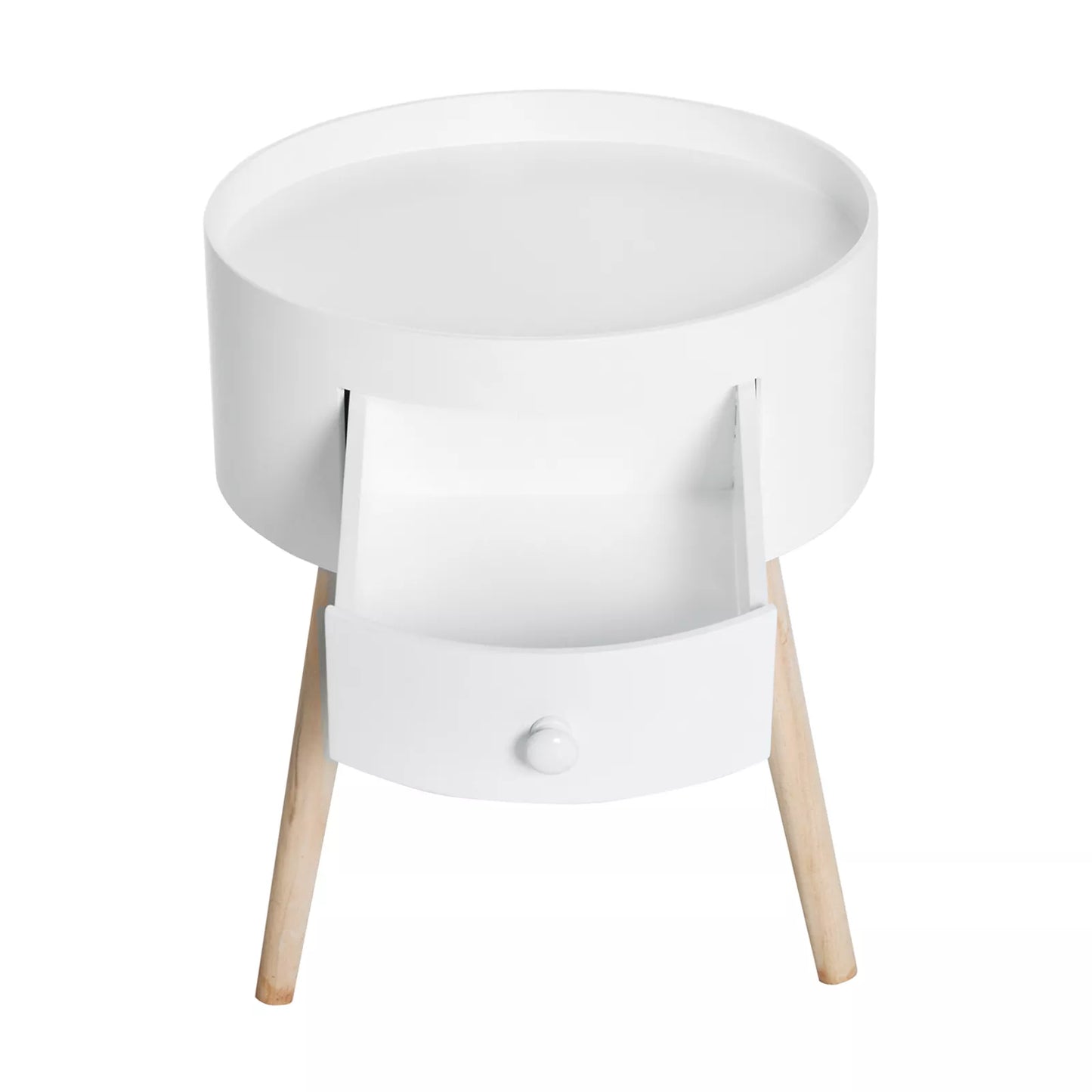 Apvalus kavos staliukas su stalčiumi, skandinaviško dizaino, su apsauginiu krašteliu, medinis, Ø38 x A45 cm, baltas