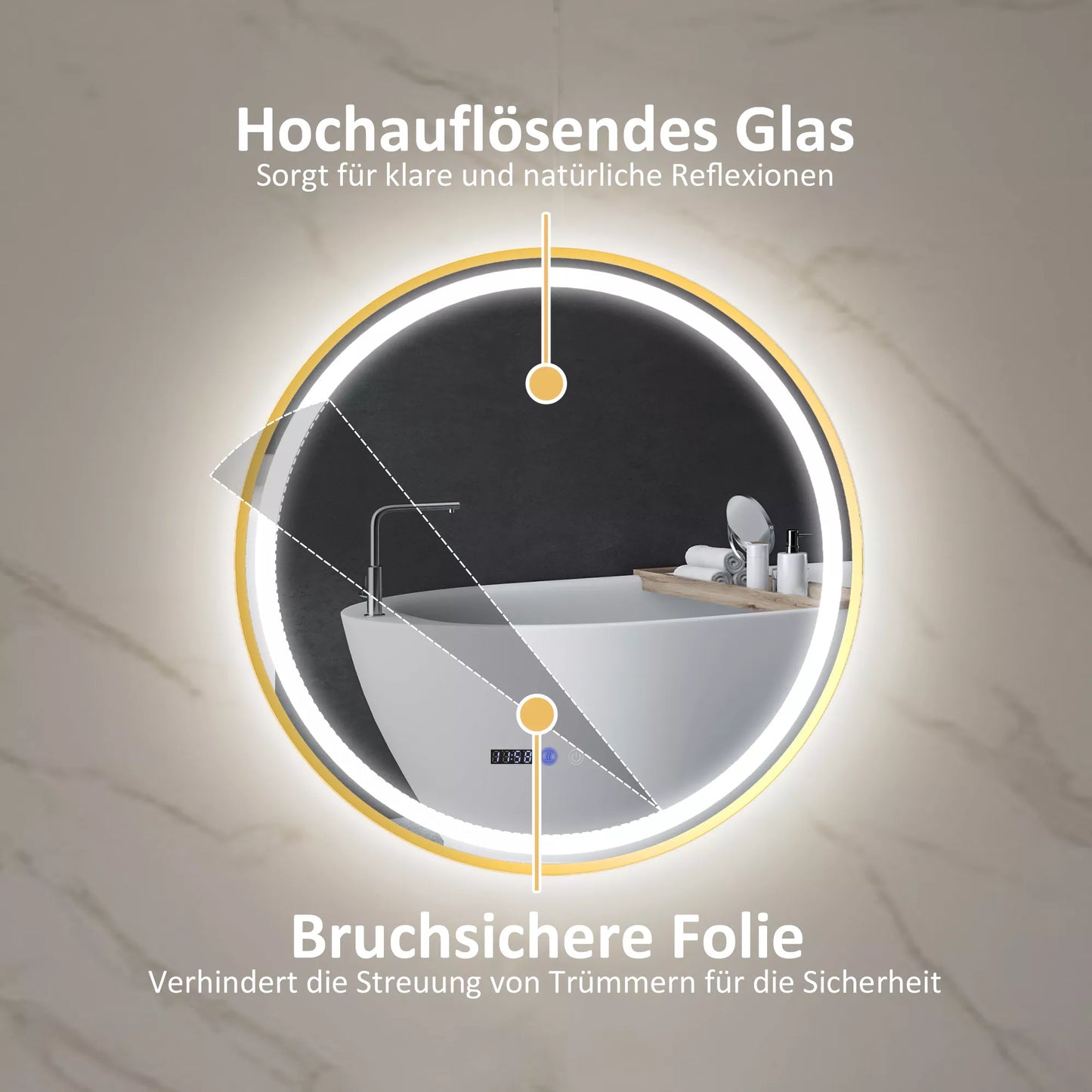 Apvalus vonios veidrodis su LED apšvietimu, veidrodis su apsauga nuo rasojimo, jutikliniu valdymu, ekranu