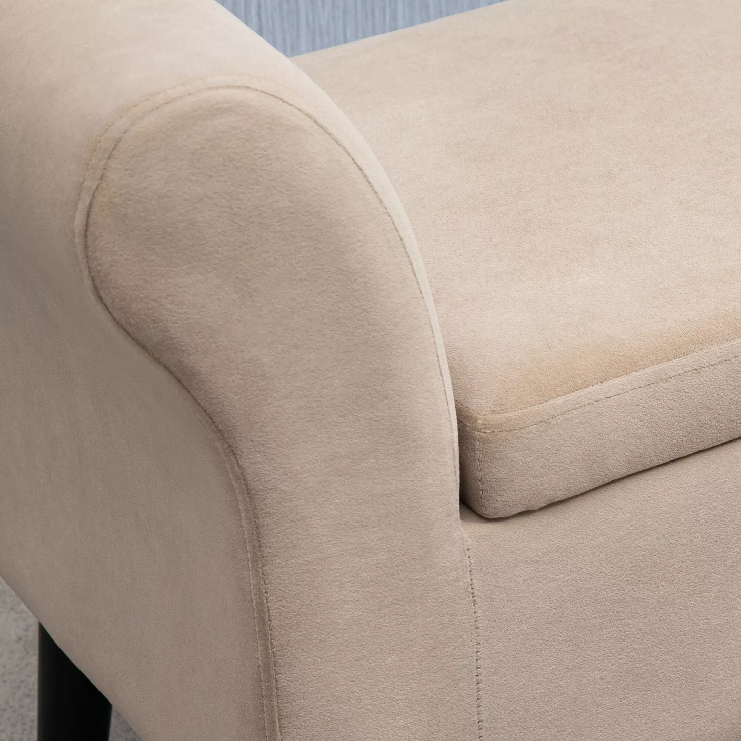 Minkšta banketė su daiktadėže, skrynios tipo banketė su porankiais, 46 cm sėdėjimo aukštis, aksominis poliesteris, 111,5 x 41 x 65 cm, smėlio spalvos