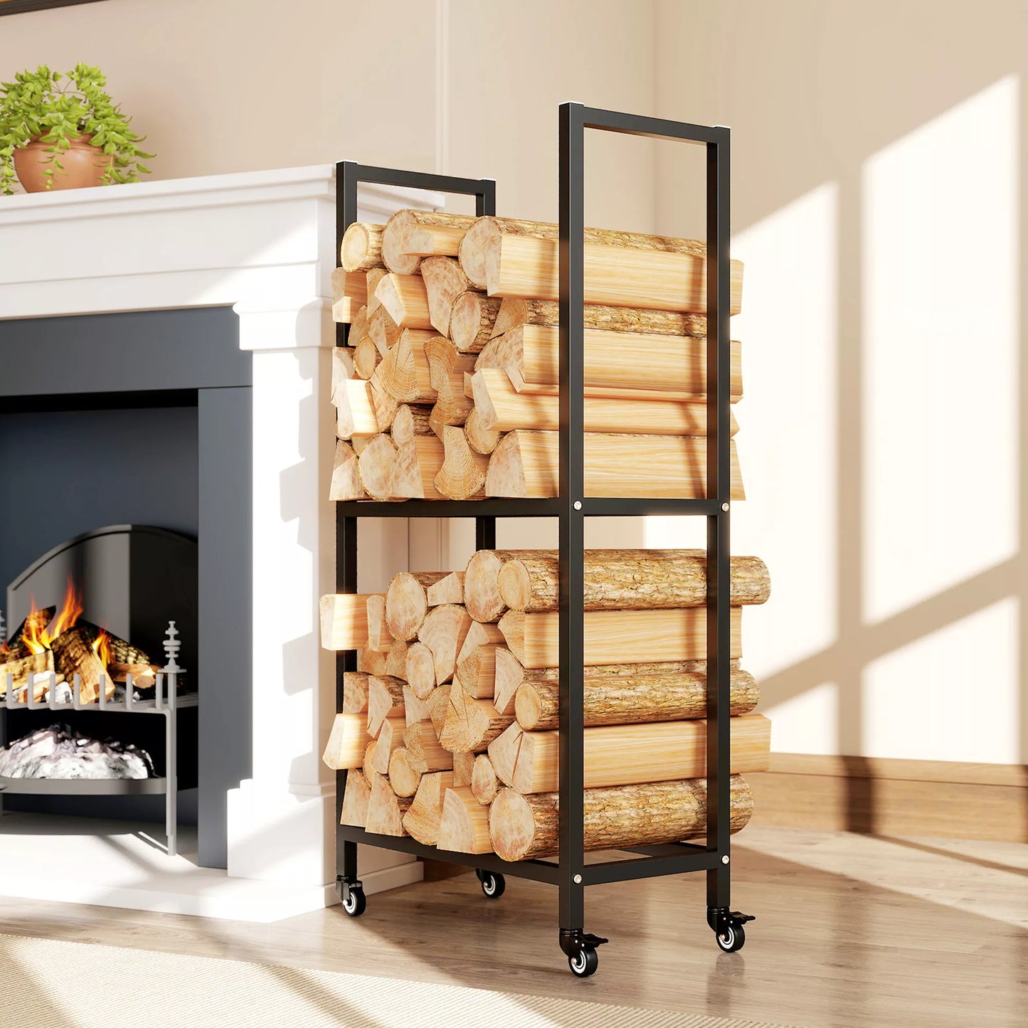 Vidinė malkinė plieninė 60 x 30 x 119cm 2 lentynų malkų laikiklis su ratuku juoda