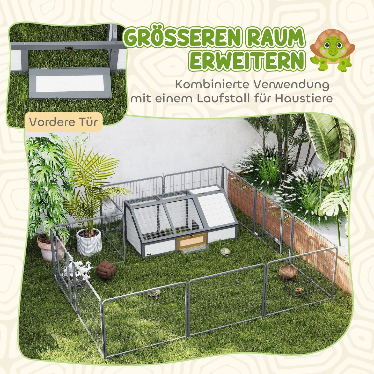 Vėžlių dėžė, lauko vėžlių aptvaras, be dugno, lengvai atidaromas, vėžlių namelis, baltas