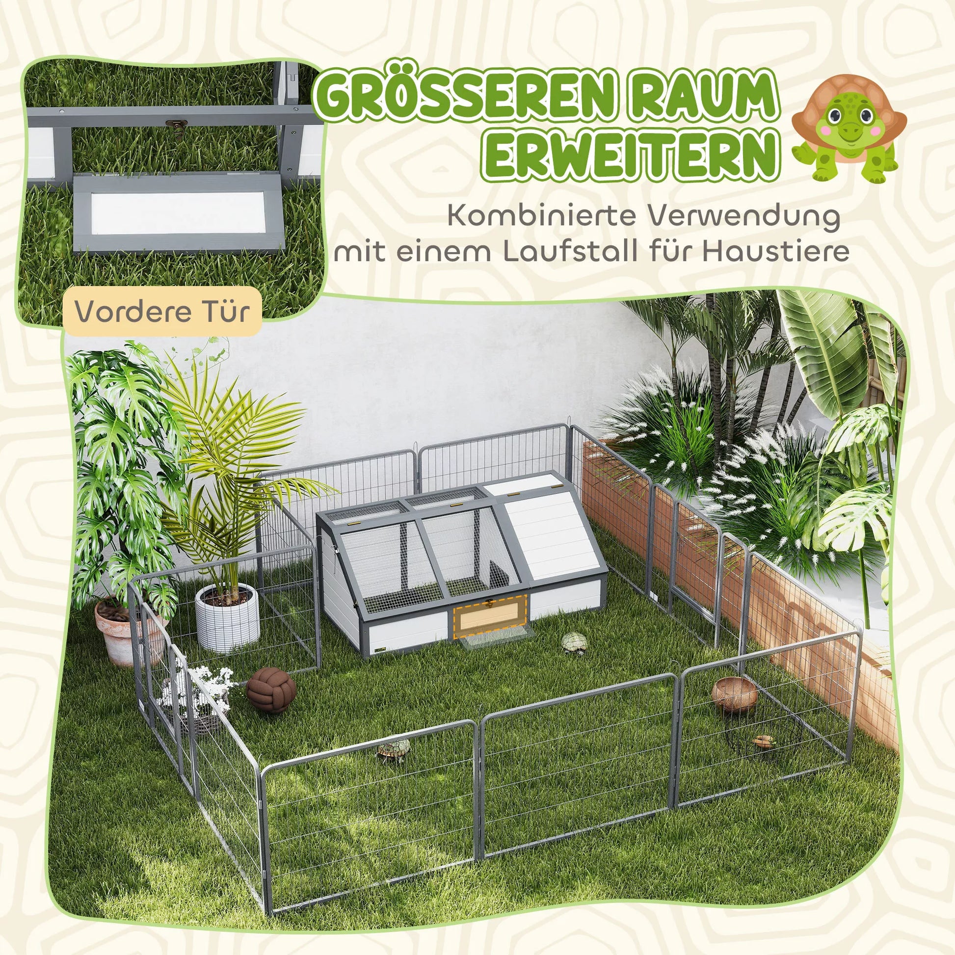 Vėžlių dėžė, lauko vėžlių aptvaras, be dugno, lengvai atidaromas, vėžlių namelis, baltas