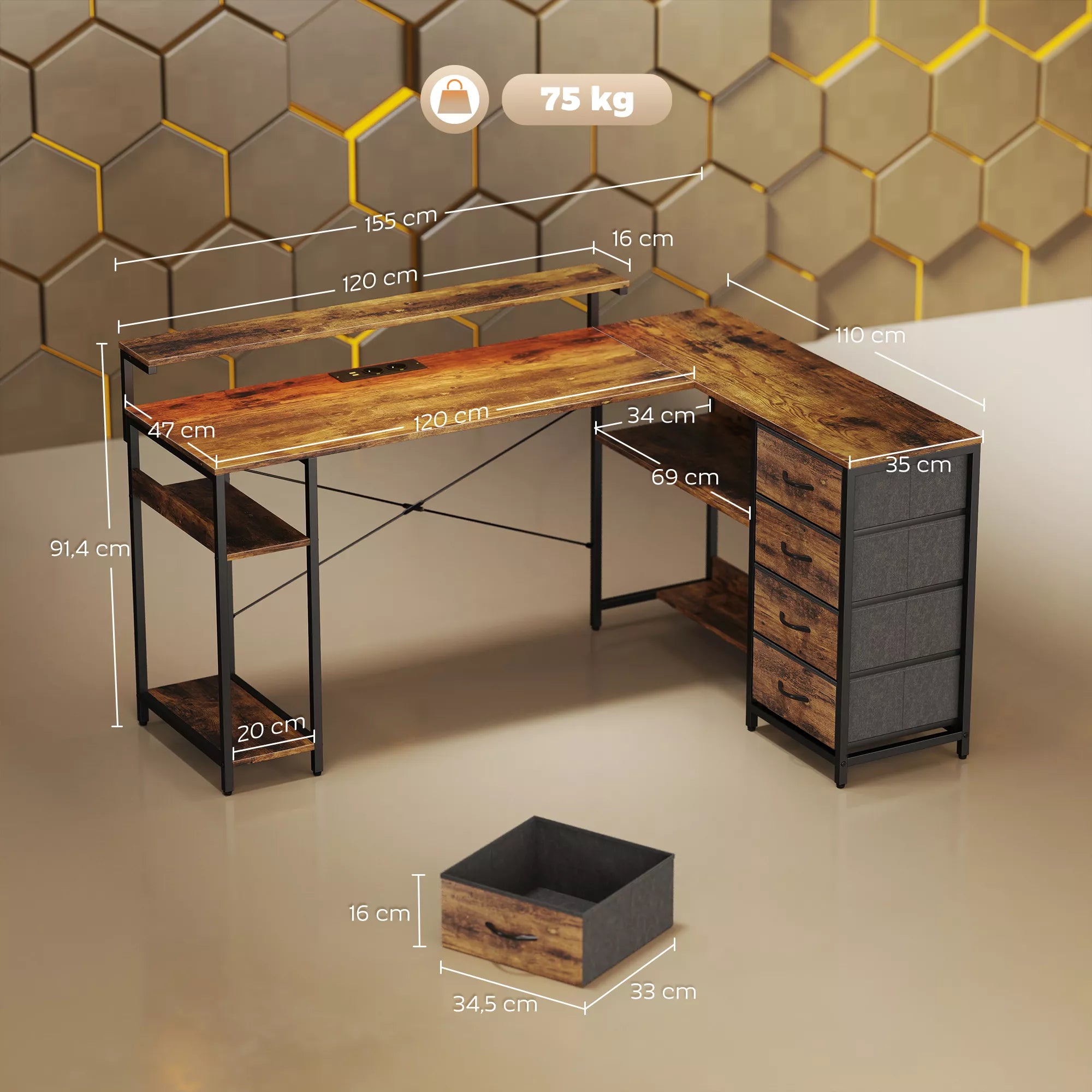 Žaidimų stalas L formos stalas su elektros jungtimi LED apšvietimu 4 stalčiais Monitoriaus stovu 155x110x91,4 cm Ruda