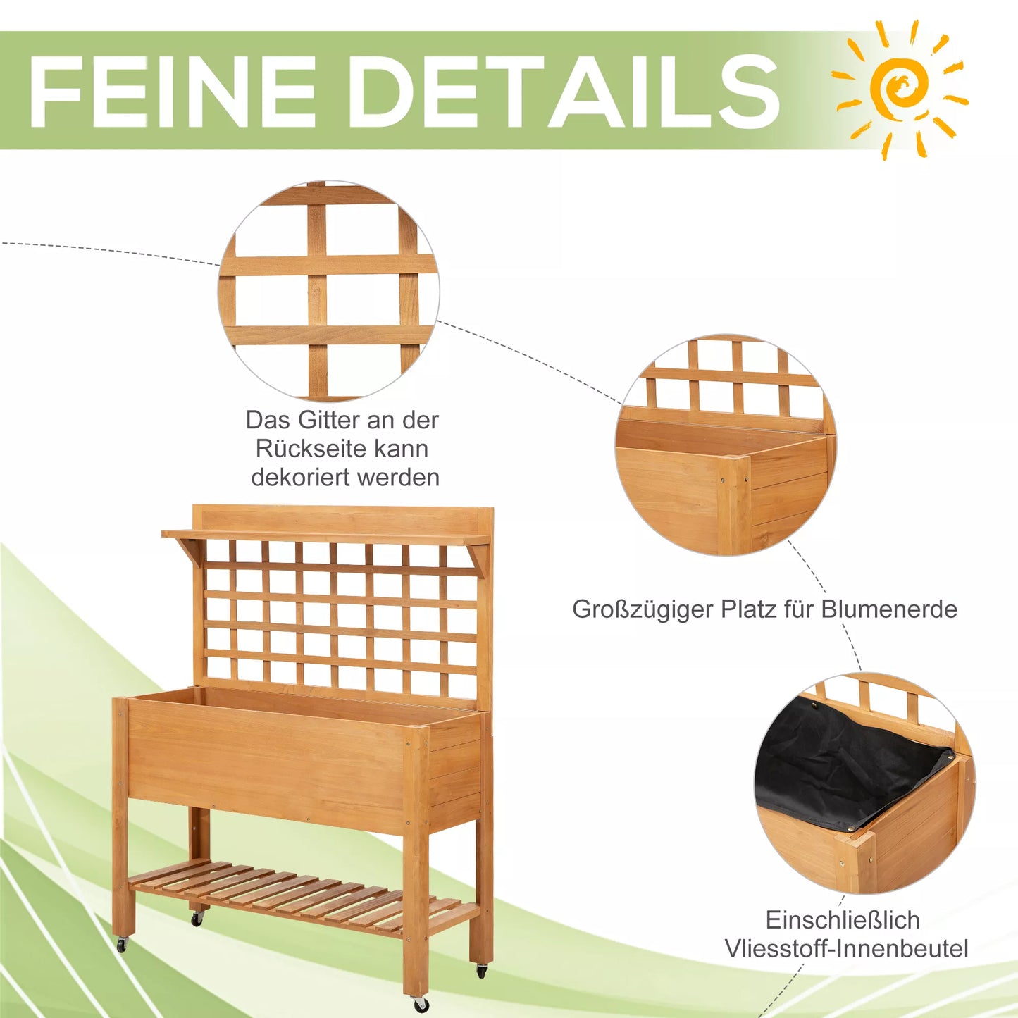 Pakeltas lysvas, sodinimo stalas, gėlių stalas, darbo stalas, sodininko stalas, šiltnamio tipo medinis sodinimo stalas sodui, balkonui, 105 x 40 x 135 cm, eglė, neaustinis audinys, rudas