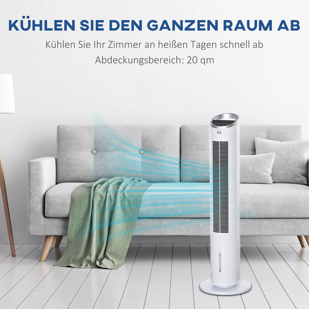 Vandens aušinimo koloninis ventiliatorius su nuotolinio valdymo pultu, 60 W, 20 m², 30 cm x 30 cm x 100,8 cm, 3 režimai, baltas