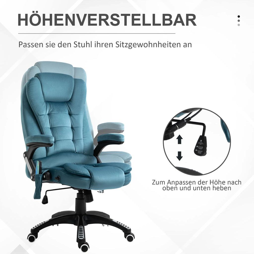 Biuro kėdė, masažinė, su šildymo funkcija, vadybininko kėdė su masažu, aukščio reguliavimo ergonomiška žaidimų kėdė, mėlyna, 68 x 72 x 110–120 cm