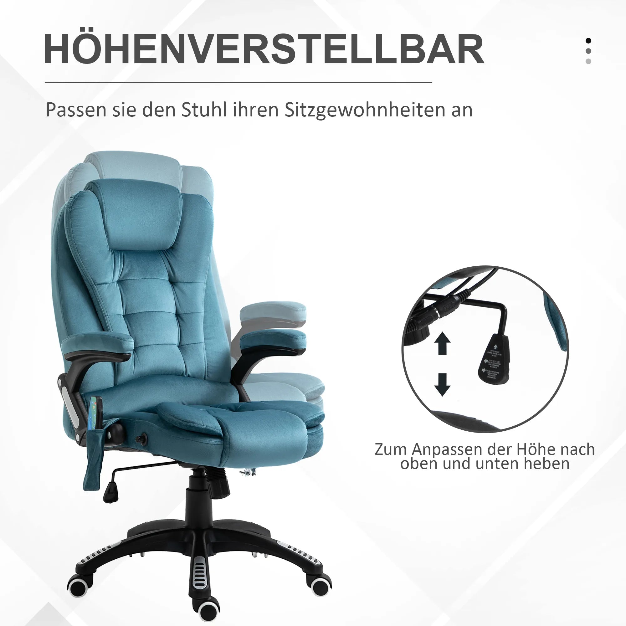 Biuro kėdė, masažinė, su šildymo funkcija, vadybininko kėdė su masažu, aukščio reguliavimo ergonomiška žaidimų kėdė, mėlyna, 68 x 72 x 110–120 cm