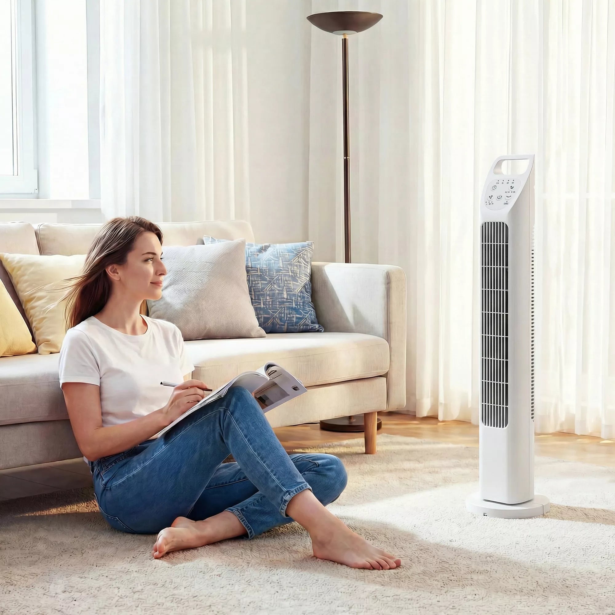 Bokštinis ventiliatorius su nuotolinio valdymo pultu, 7,5 valandų laikmatis, tylus ventiliatorius miegamajam, baltas