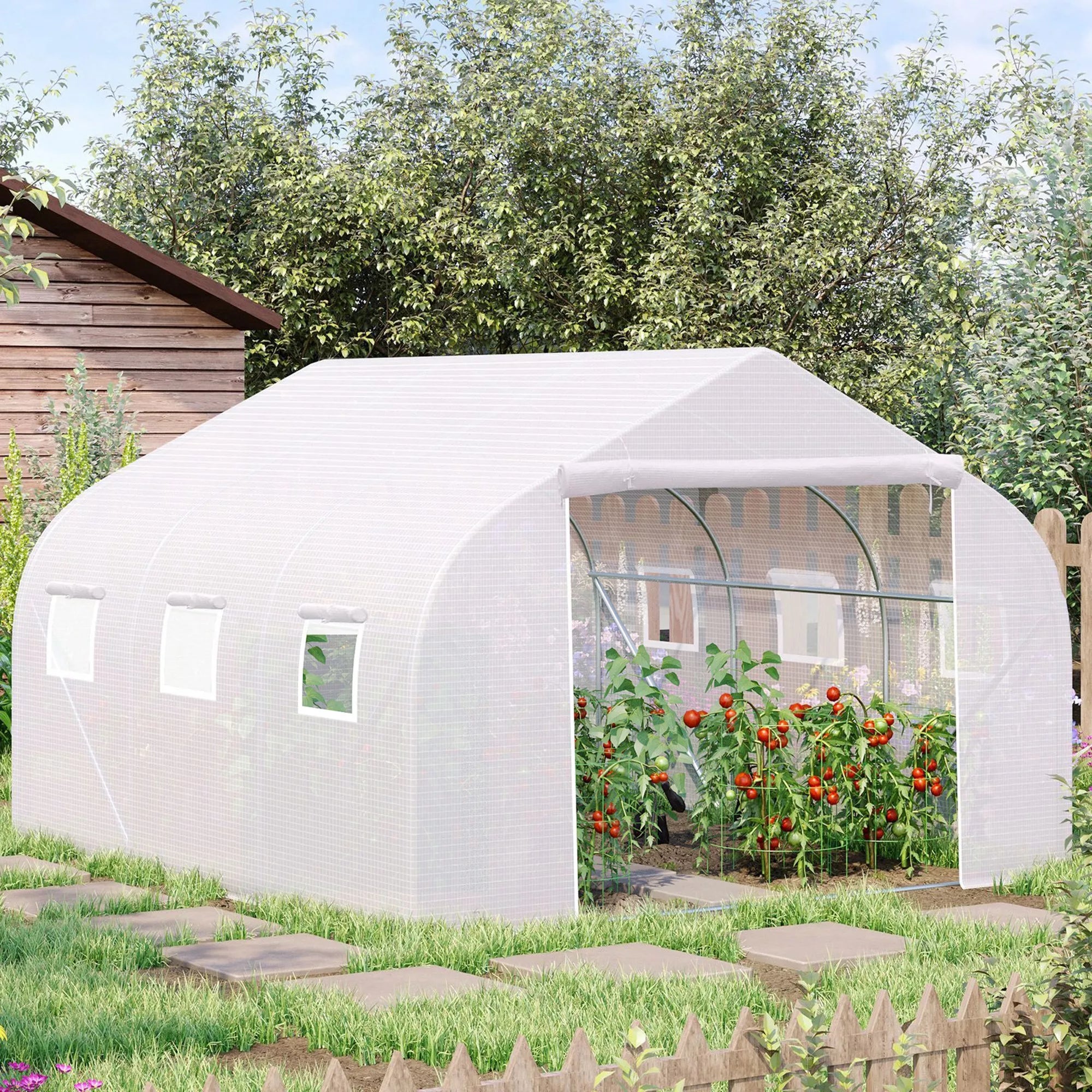 Tunelinis šiltnamis, 6 atverčiami langai, durys su užtrauktuku, plyšimui atspari plėvelė, metalinis rėmas, 3,5 x 3 x 2 m, baltas