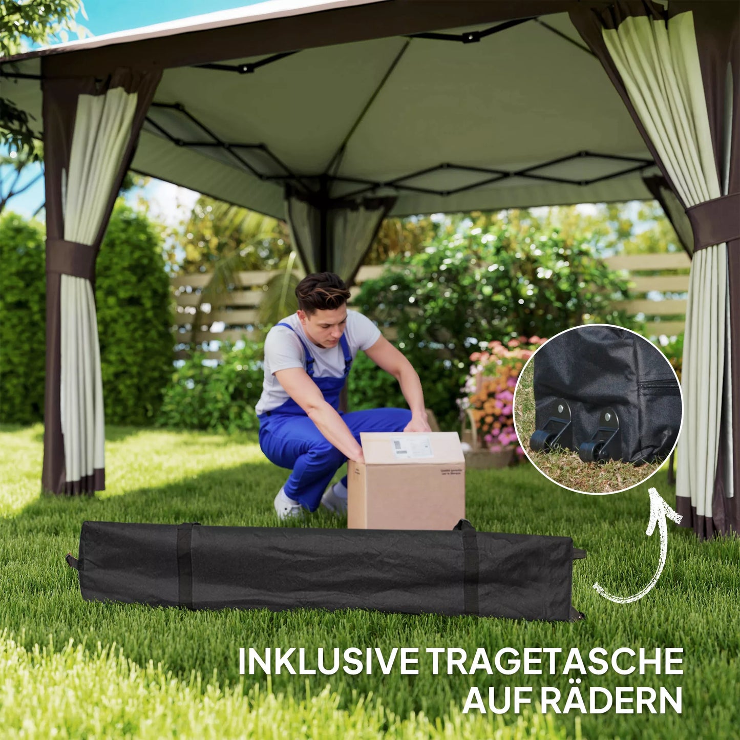 4 x 4 m sodo paviljonas, sodo palapinė su tinklinėmis sienomis, UPF50+ apsauga, aukščio reguliuojama šventinė palapinė, smėlio spalvos