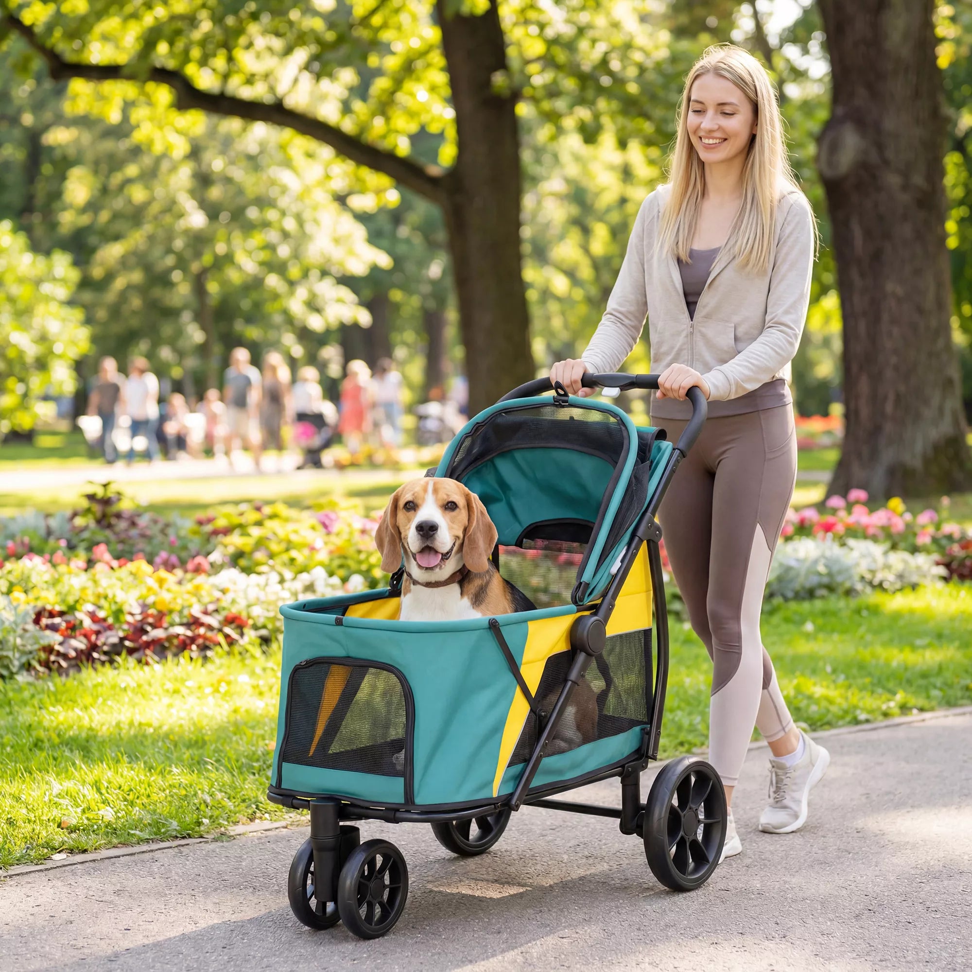 Sulenkiamas šunų vežimėlis iki 20 kg su pagalvėlėmis, tinkliniais langais, nugaros kišenėmis, 92 x 63 x 95 cm, tamsiai žalios spalvos