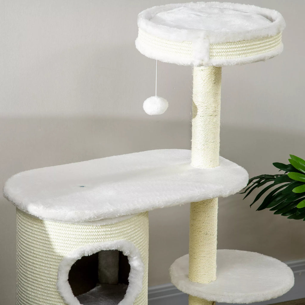 Kratzbaum su Kratztonne, 1 Katzenbett ir Katzenspielzeug, 59 cm x 35 cm x 100 cm, Cremeweiß