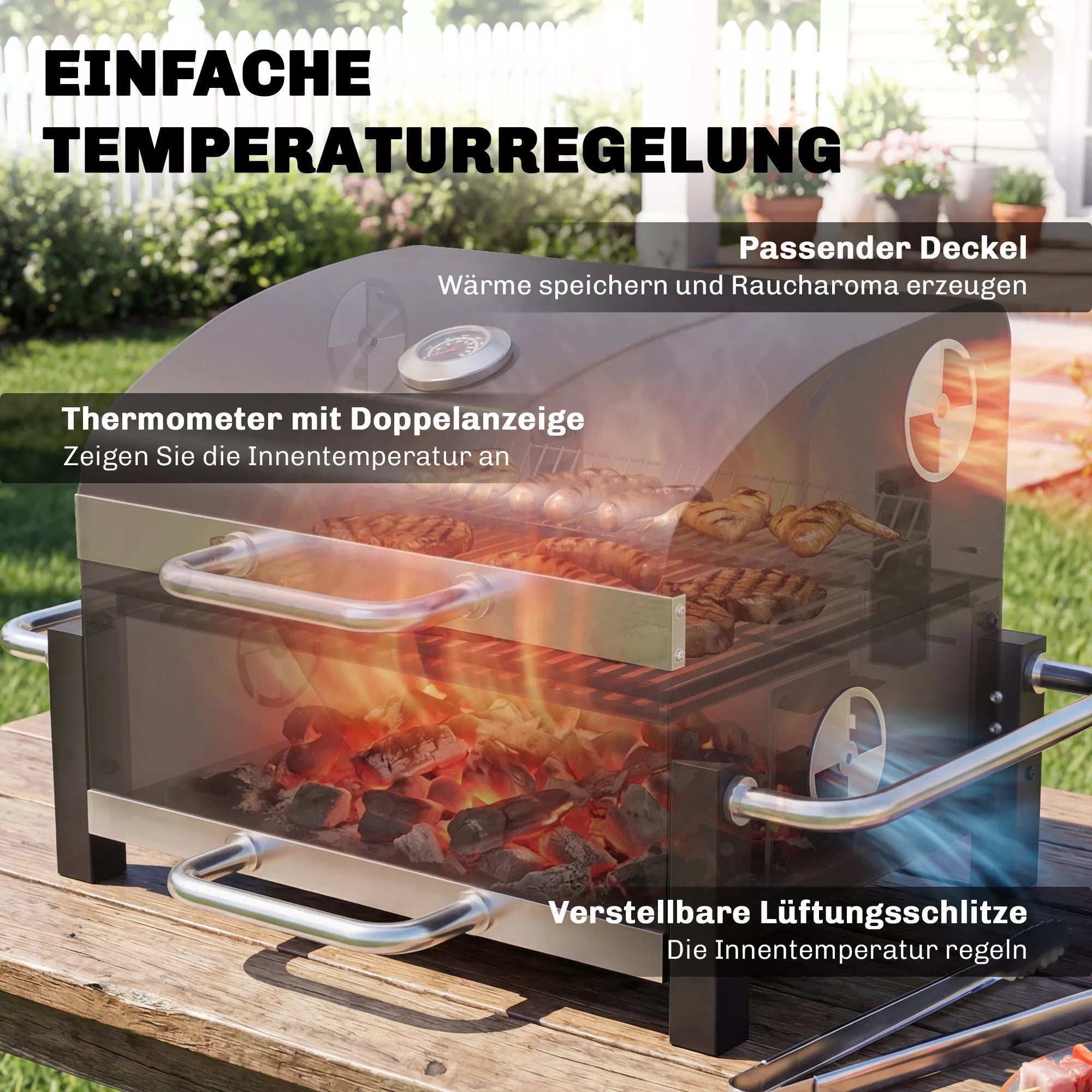 Plieninis anglies grilis, nešiojamas BBQ rūkintuvas su dangčiu, reguliuojama ventiliacija, dviejų lygių anglies dėžė, termometras