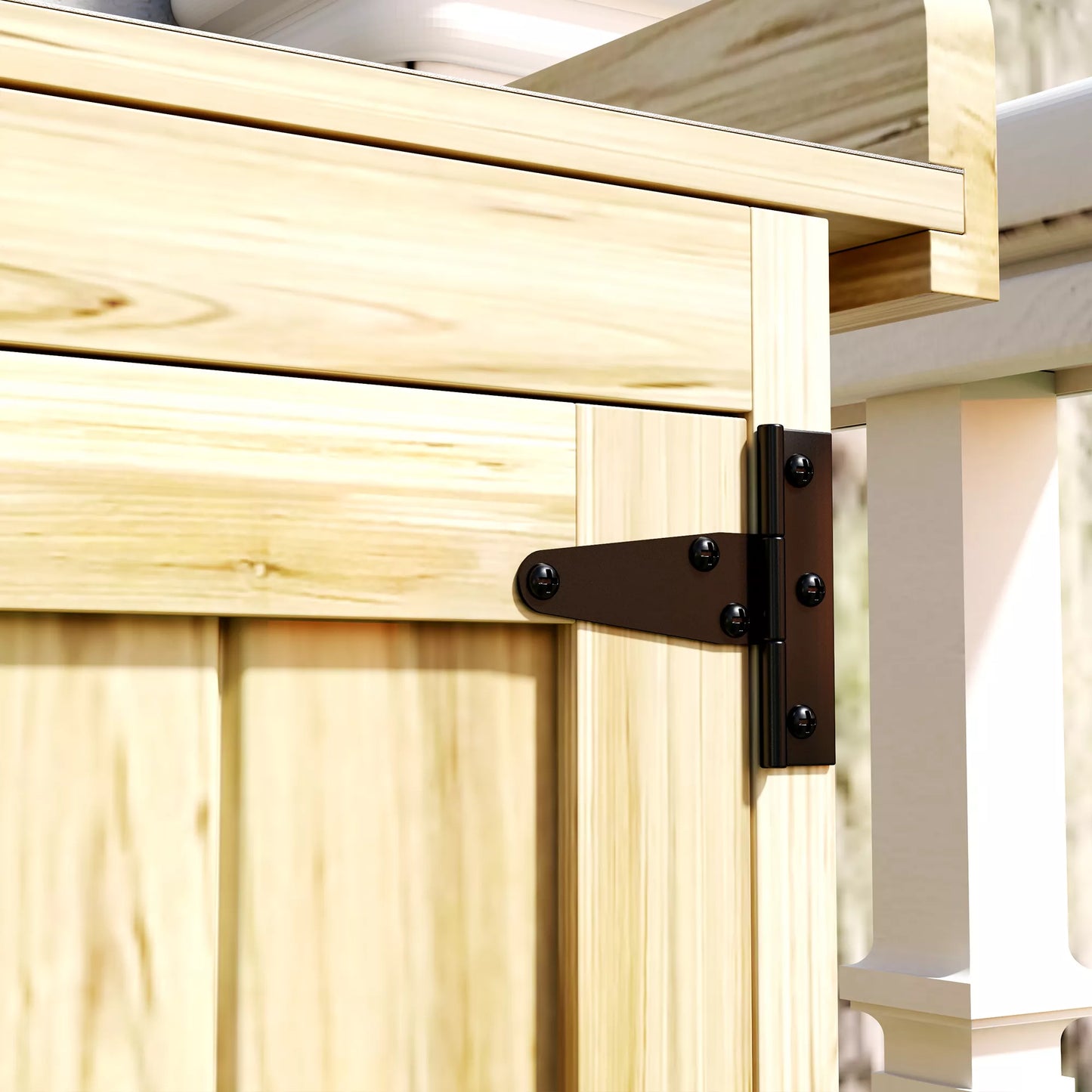 Lauko spintelė, įrankių spintelė lauko sąlygoms, su darbo paviršiumi, mediena ir nerūdijančiu plienu, dvigubos durys, natūrali mediena