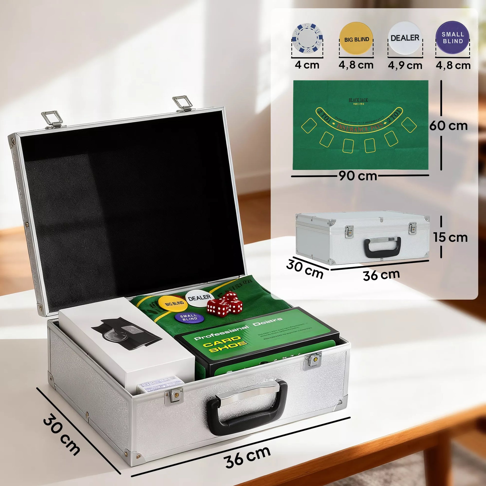 Pokerio rinkinys, 300 žetonų, kauliukai, 2 kortų kaladės, priedai, lagaminas, 8 žaidėjams