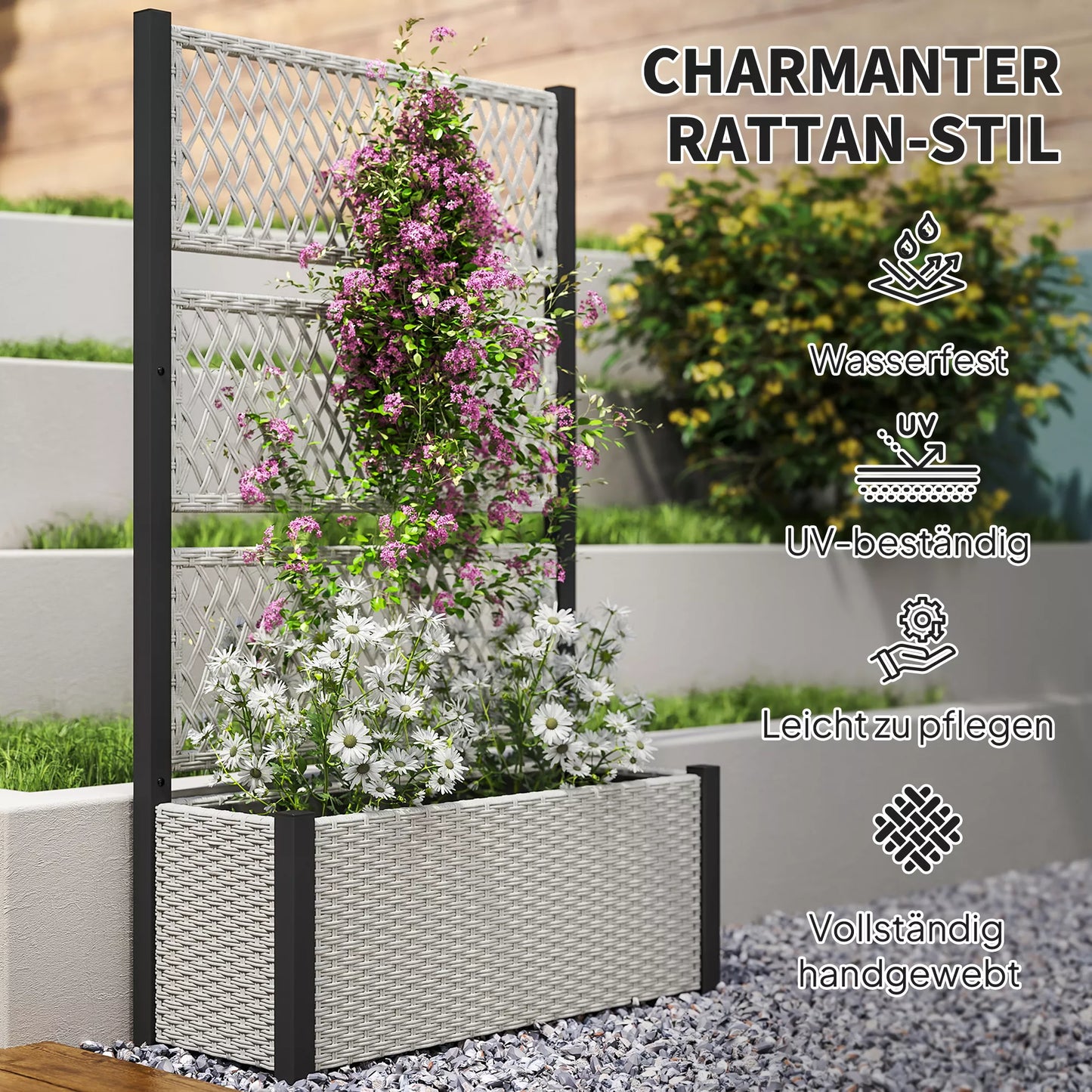 Pakelta lysvė, sienelė su atrama vijokliniams augalams, ratanas, 90x35x148 cm, pilka