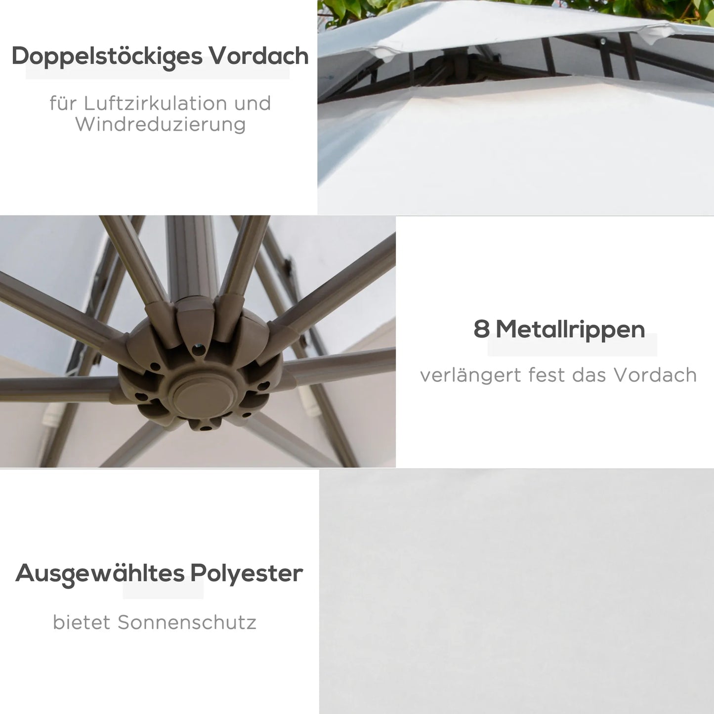 Saulės skėtis iškeltasis, skersmuo 2,67 x 2,45 m, su užvedimo mechanizmu, dvigubu stogeliu, kryžminiu pagrindu, plieninis, lauko apsauga nuo saulės, poliesteris, plieno spalva, šviesiai pilkas