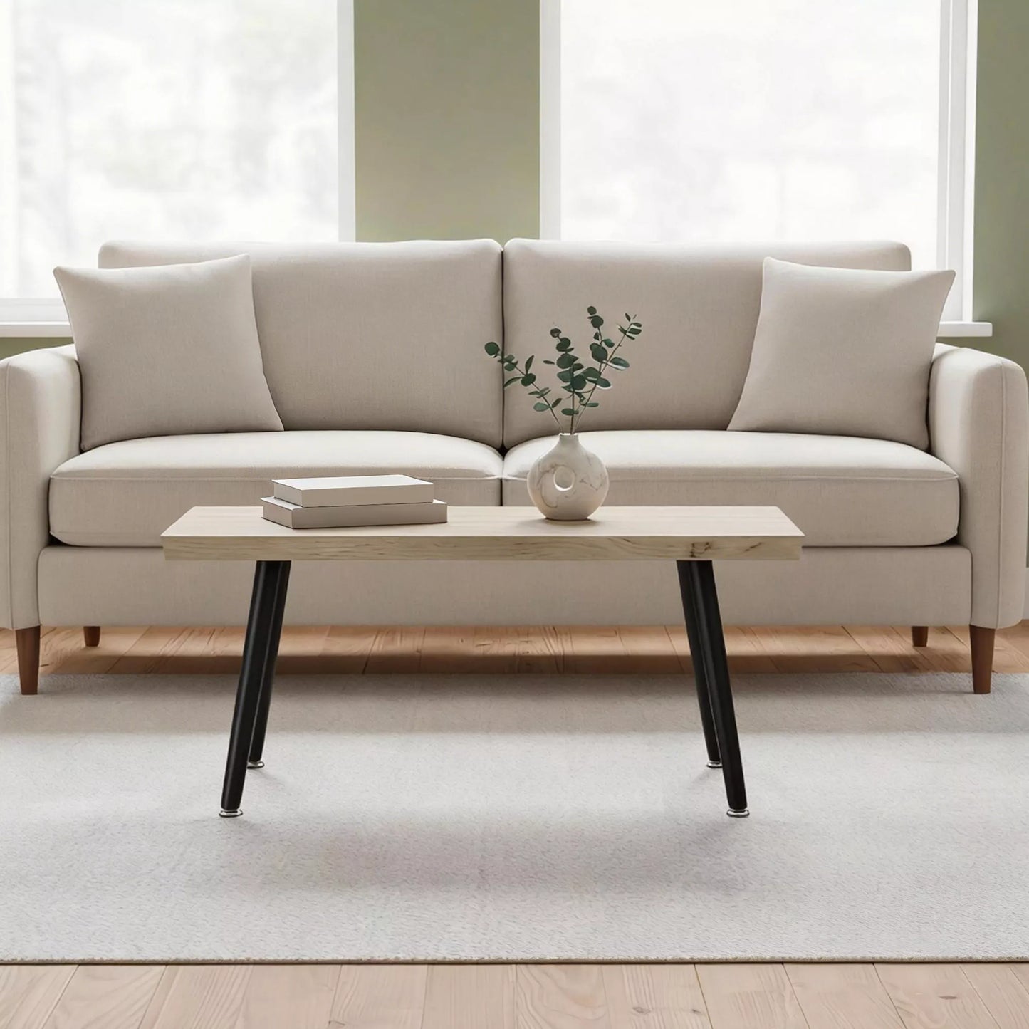 Svetainės stalas su 4 cm storio stalviršiu, kavos staliukas, plienas ir ąžuolo imitacija, 100 x 50 x 45 cm, ąžuolo ir juoda