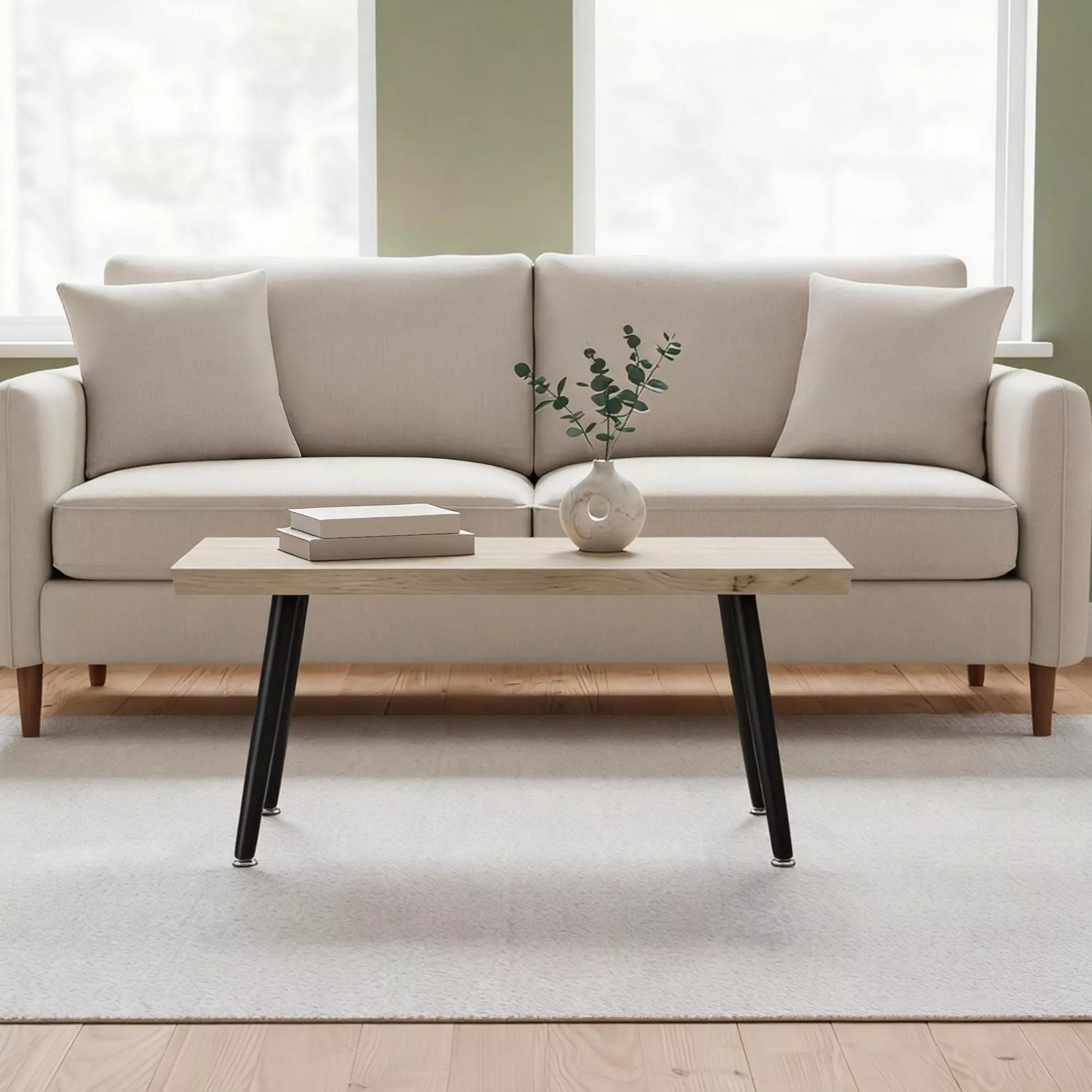 Svetainės stalas su 4 cm storio stalviršiu, kavos staliukas, plienas ir ąžuolo imitacija, 100 x 50 x 45 cm, ąžuolo ir juoda