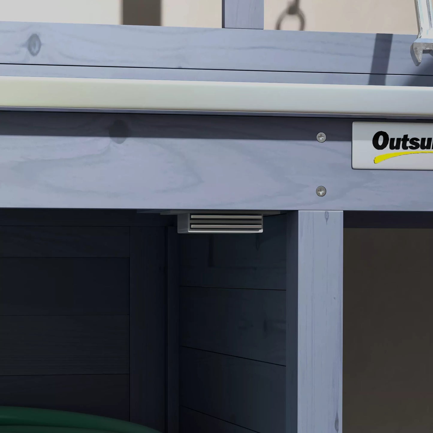 Sodo stalas su spintele, aliuminio darbo paviršiumi, saugojimo vieta, 112x47x146 cm, pilkos spalvos