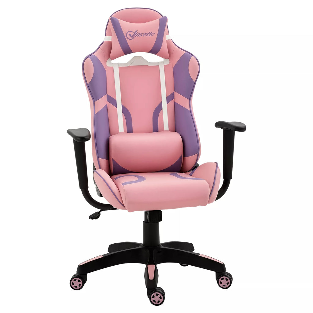 Ergonomiška žaidimų kėdė, biuro kėdė, sukamoji kėdė su reguliuojama masažine juosmens atrama, aukščio reguliavimo, rožinė ir violetinė, 69x56x125,5 cm